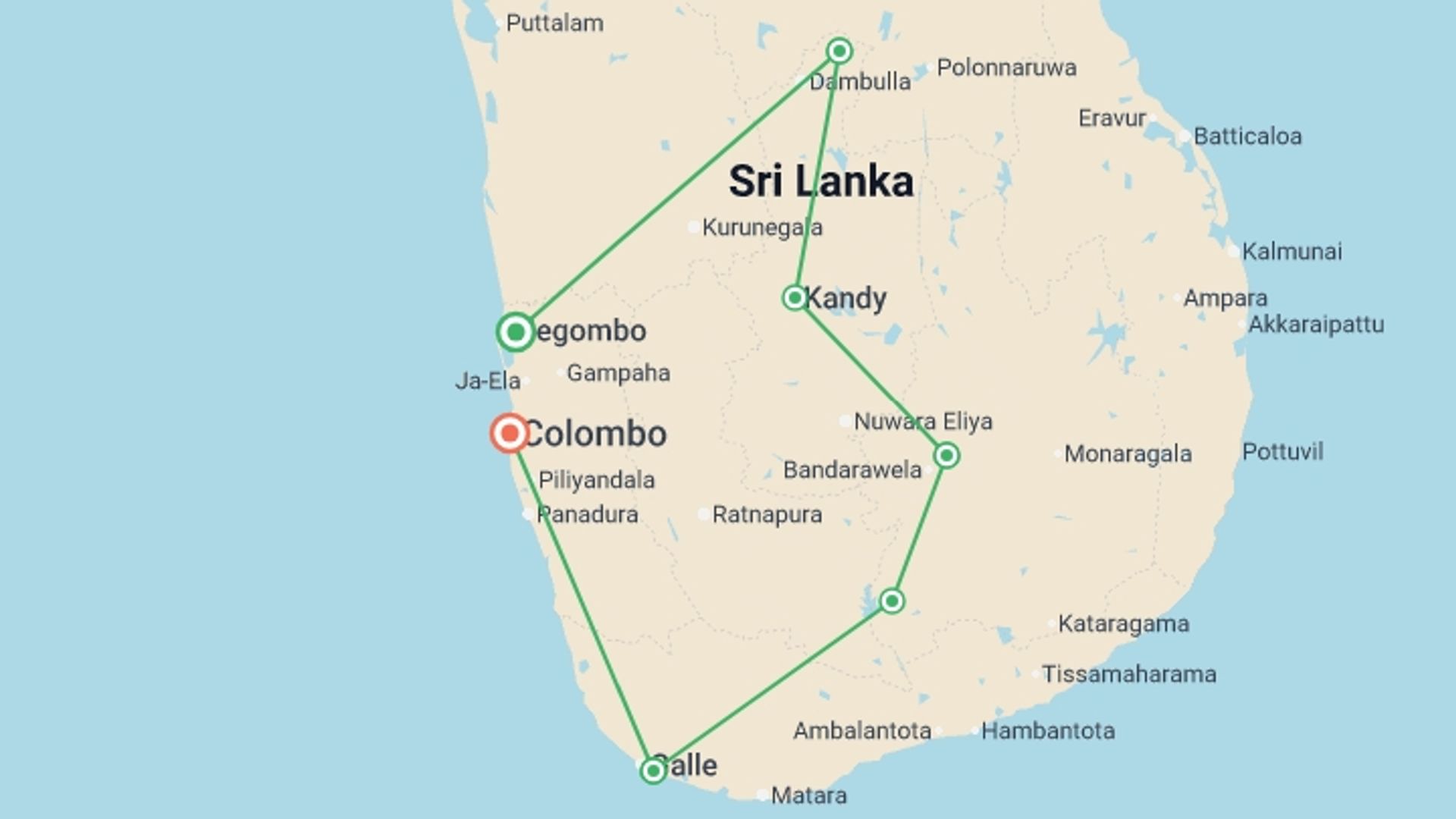 A map showing the tour itinerary for the trip: Best of Sri Lanka, starting in Colombo, Sri Lanka and ending in Colombo, Sri Lanka going through 6 other destinations.