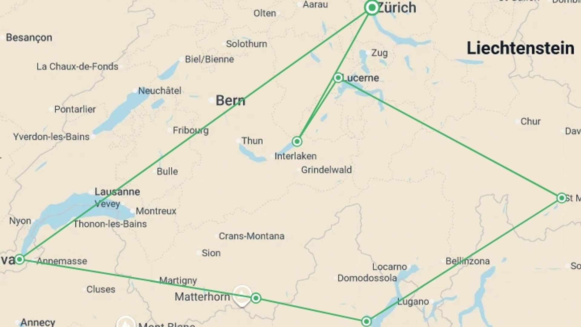A map showing the tour itinerary for the trip: Best of Switzerland, starting in Zurich, Switzerland and ending in Zurich, Switzerland going through 4 other destinations.