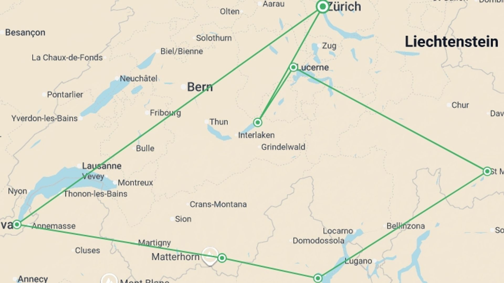 A map showing the tour itinerary for the trip: Best of Switzerland, starting in Zurich, Switzerland and ending in Zurich, Switzerland going through 4 other destinations.