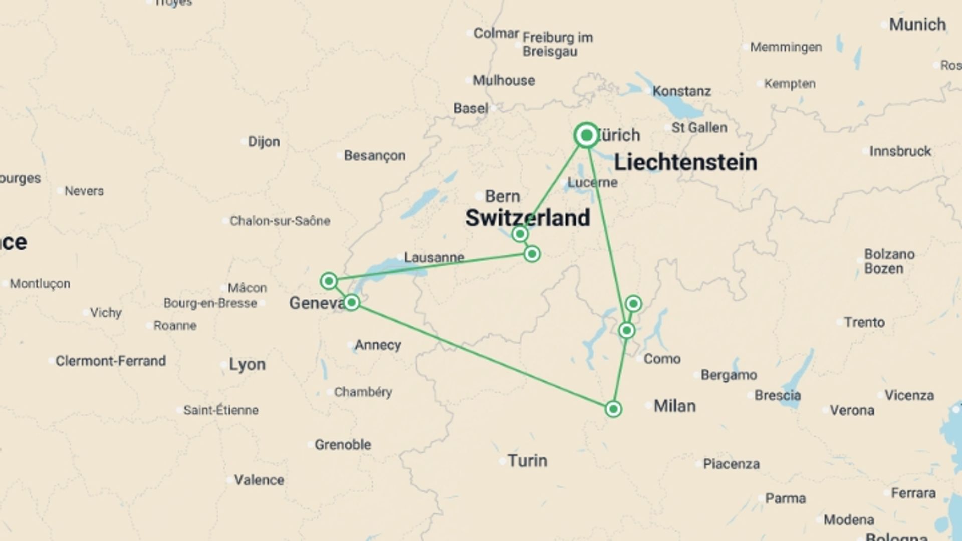 A map showing the tour itinerary for the trip: Best of Switzerland Small Group Adventure, starting in Zurich, Switzerland and ending in Zurich, Switzerland going through 2 other destinations.