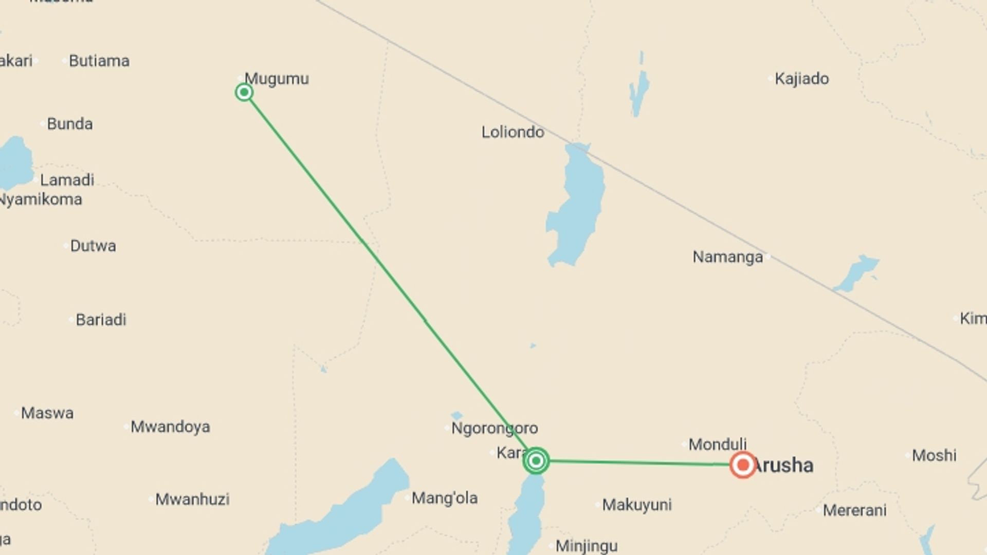 A map showing the tour itinerary for the trip: Best of Tanzania 35 to 45, starting in Arusha, Tanzania and ending in Arusha, Tanzania going through 1 other destinations.