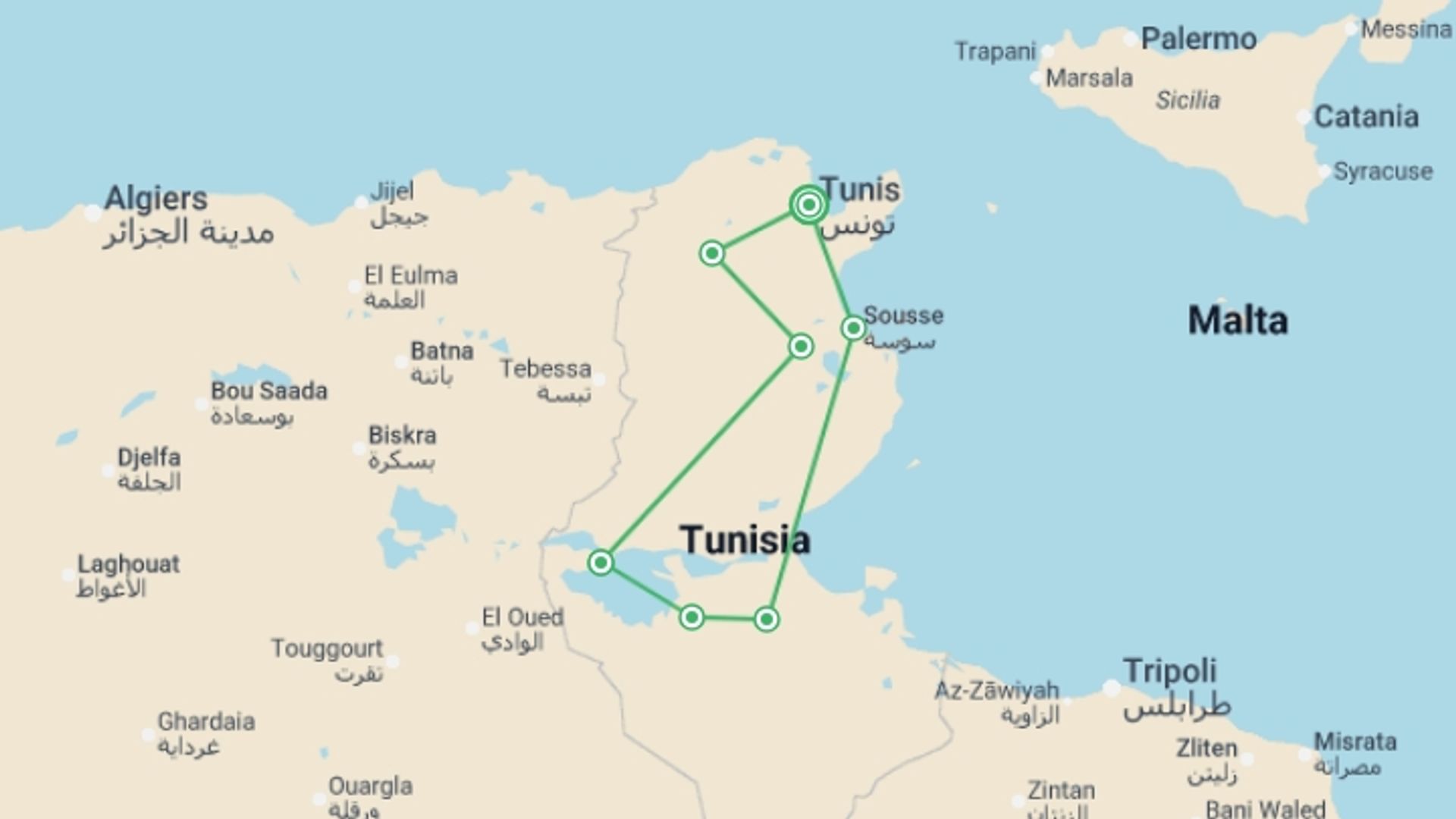 A map showing the tour itinerary for the trip: Best of Tunisia, starting in Tunis, Tunisia and ending in Tunis, Tunisia going through 2 other destinations.