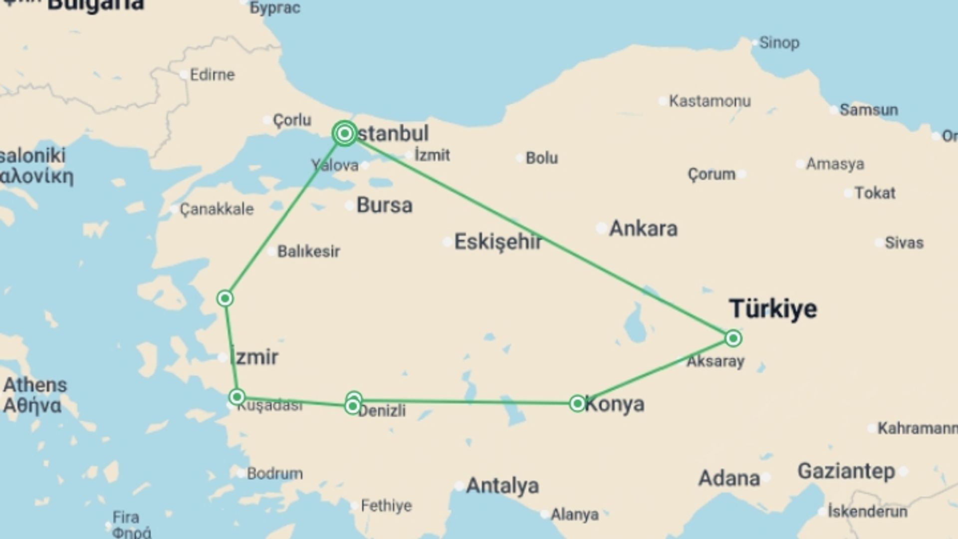 A map showing the tour itinerary for the trip: Best of Turkey, starting in Istanbul, Turkey and ending in Istanbul, Turkey going through 4 other destinations.