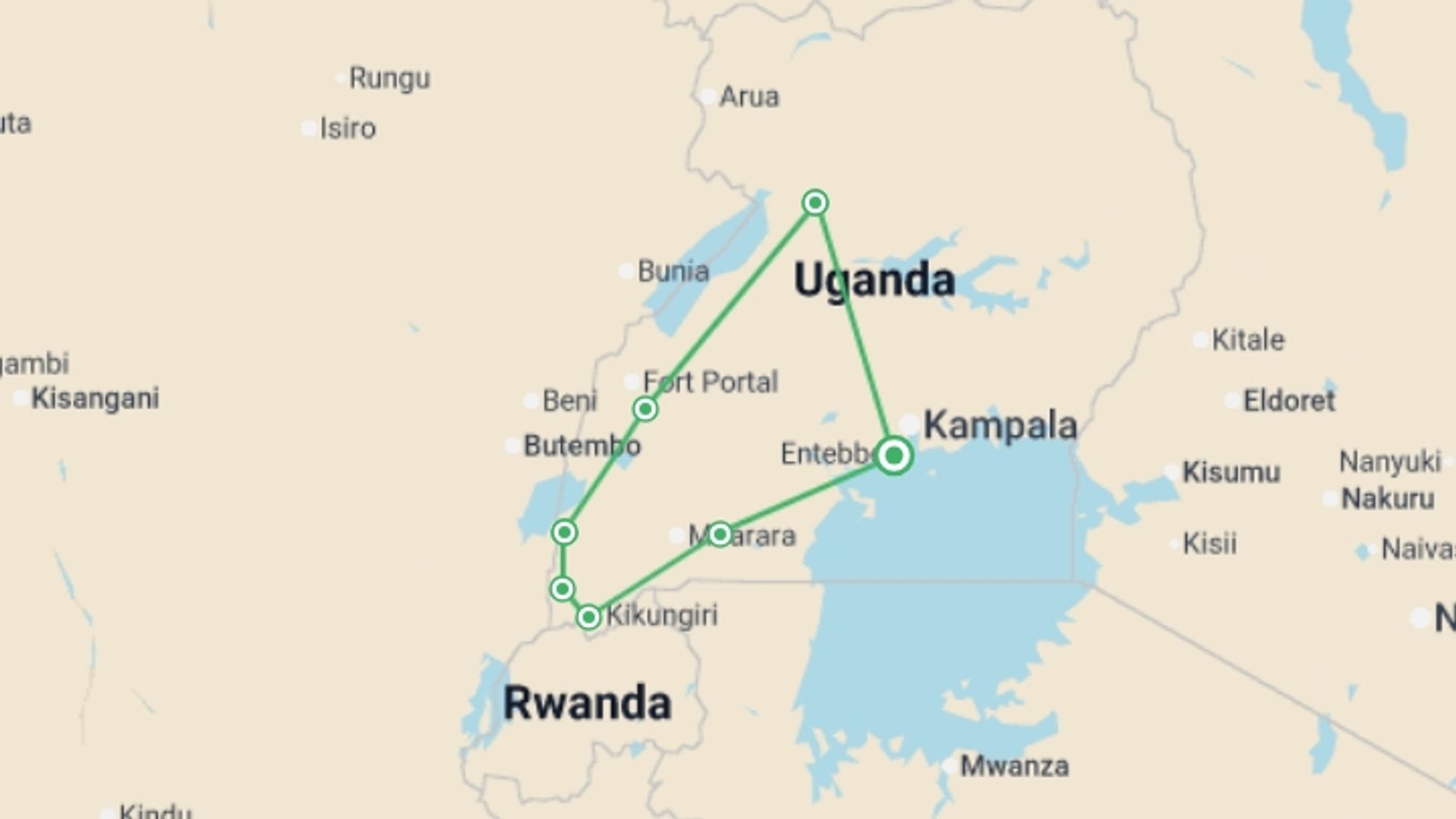 A map showing the tour itinerary for the trip: Best of Uganda, starting in Entebbe, Uganda and ending in Entebbe, Uganda going through 6 other destinations.