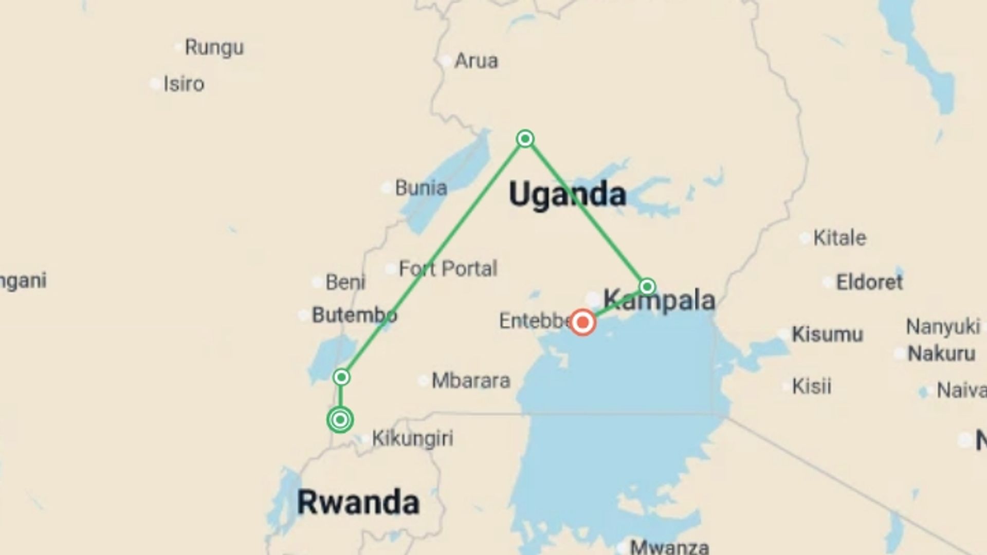 A map showing the tour itinerary for the trip: Best of Uganda 35 to 45, starting in Entebbe, Uganda and ending in Entebbe, Uganda going through 5 other destinations.