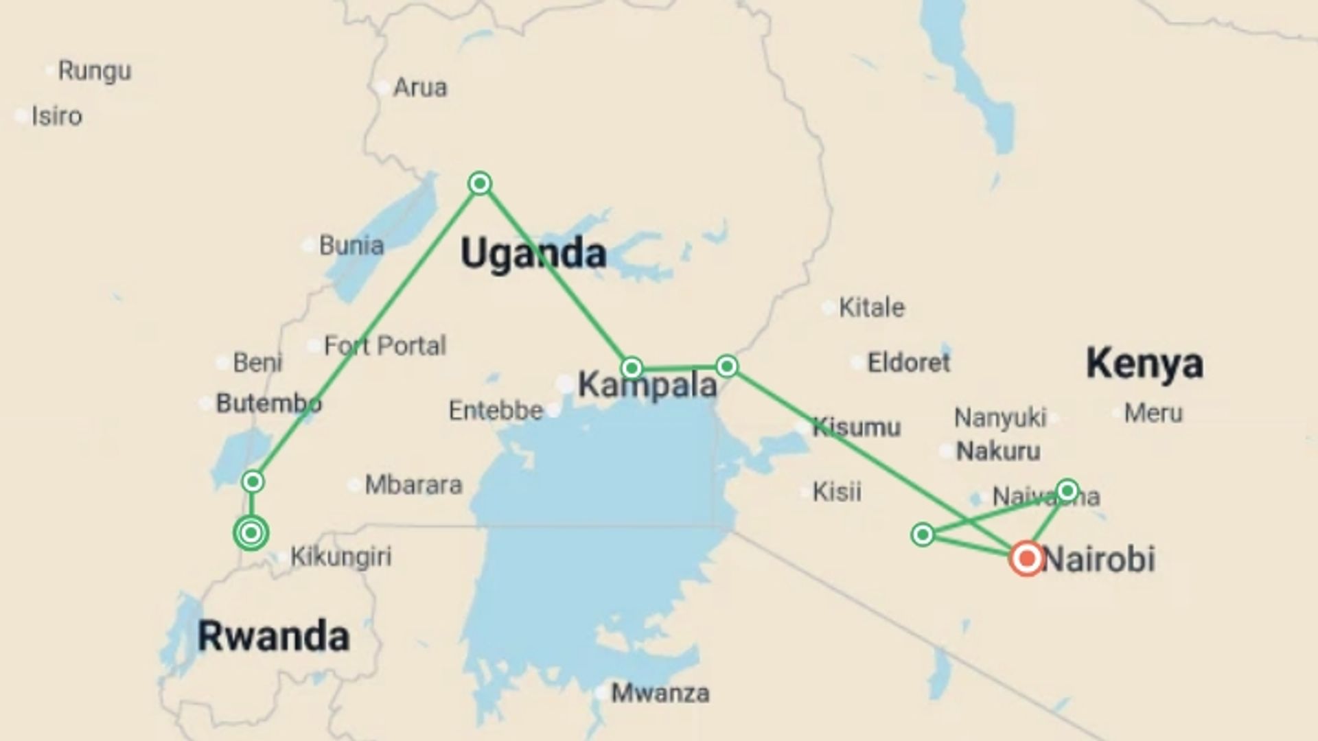 A map showing the tour itinerary for the trip: Best of Uganda and Kenya 35 to 45, starting in Entebbe, Uganda and ending in Nairobi, Kenya going through 6 other destinations.
