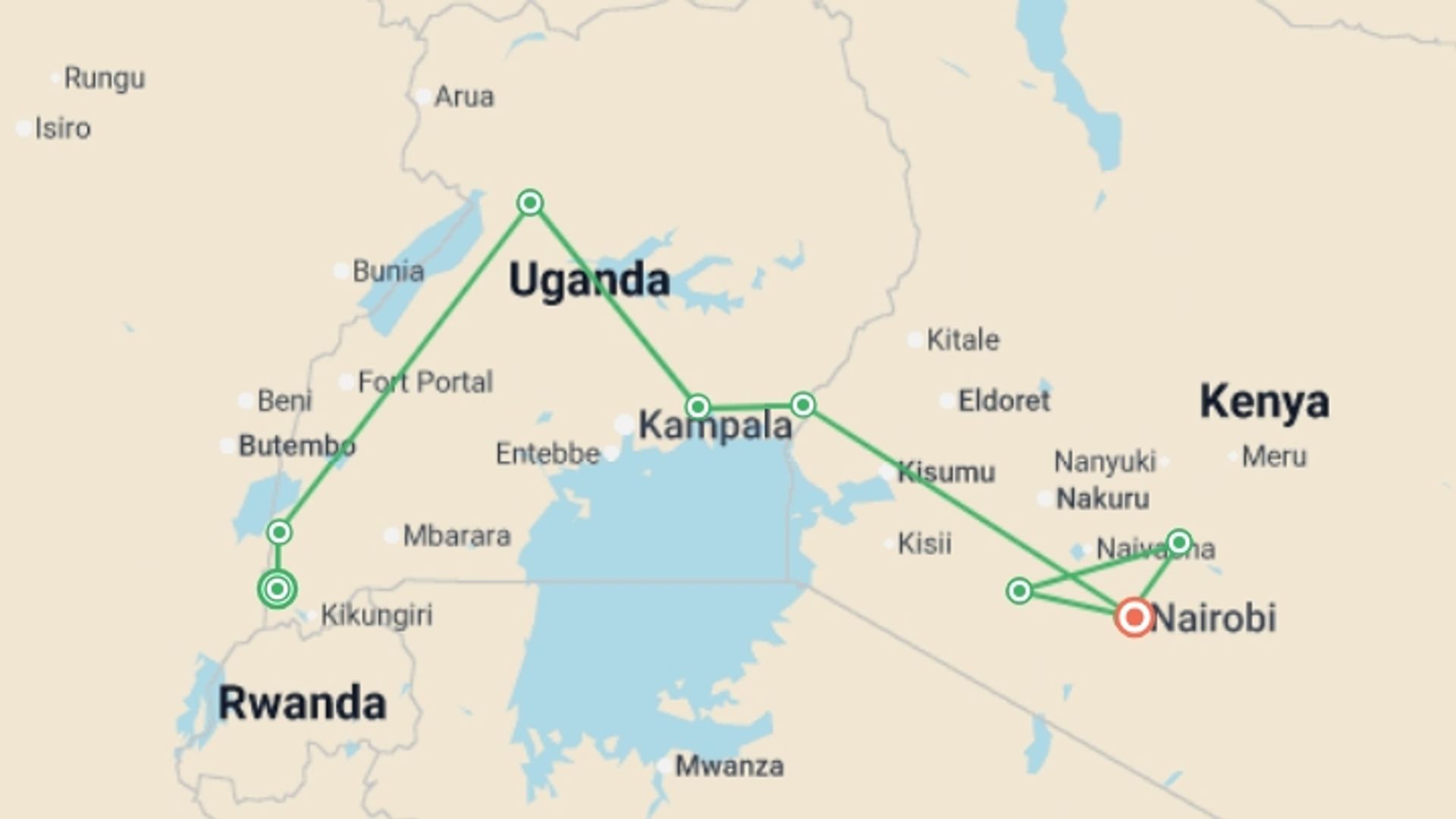 A map showing the tour itinerary for the trip: Best of Uganda and Kenya, starting in Entebbe, Uganda and ending in Nairobi, Kenya going through 6 other destinations.