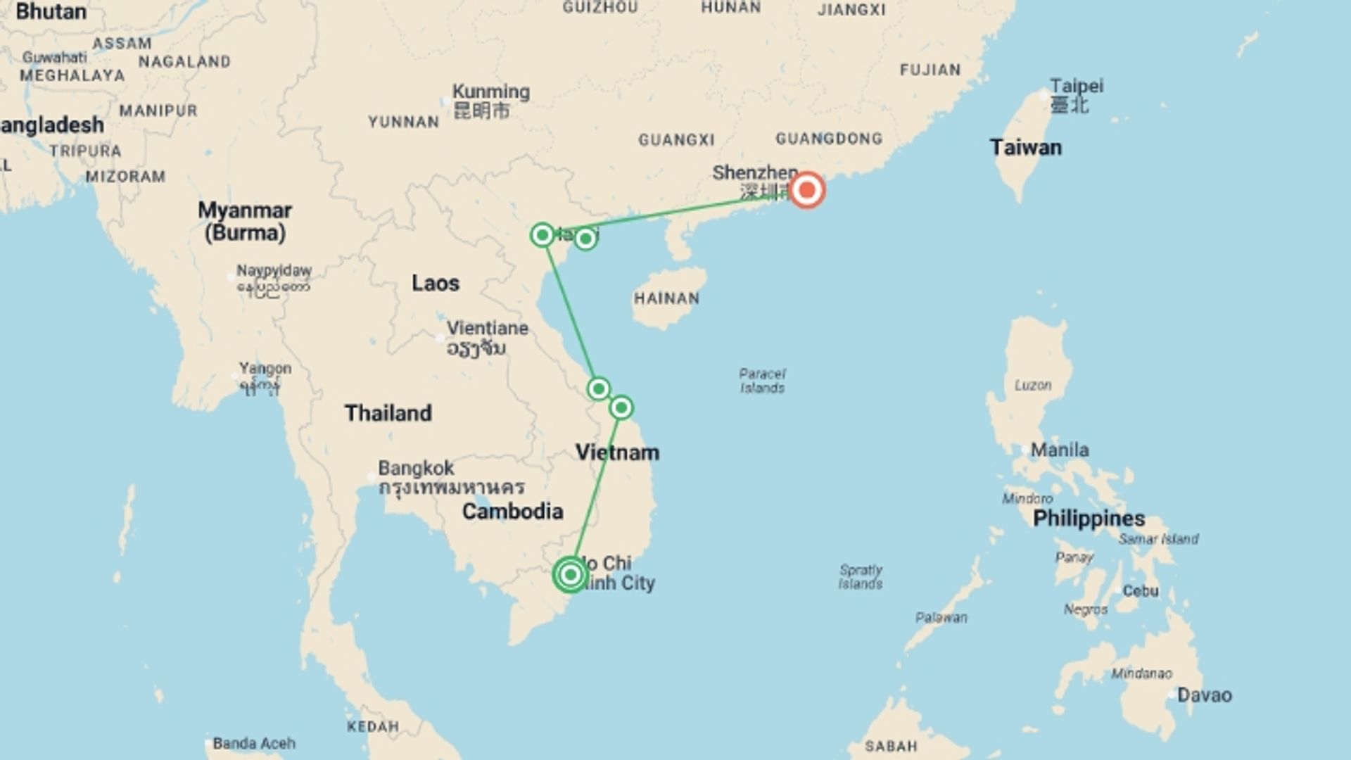 A map showing the tour itinerary for the trip: Best Of Vietnam and Hong Kong, starting in Ho Chi Minh City, Vietnam and ending in Hong Kong, Hong Kong going through 6 other destinations.