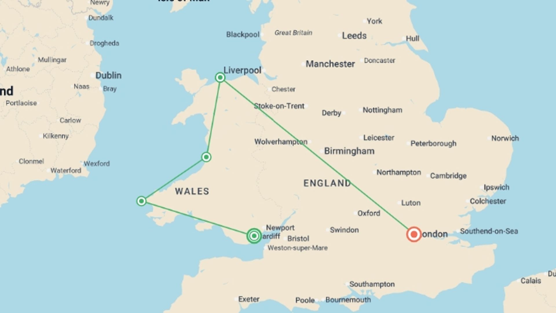 A map showing the tour itinerary for the trip: Best of Wales - 8 days, starting in Cardiff, Wales and ending in London, England going through 2 other destinations.