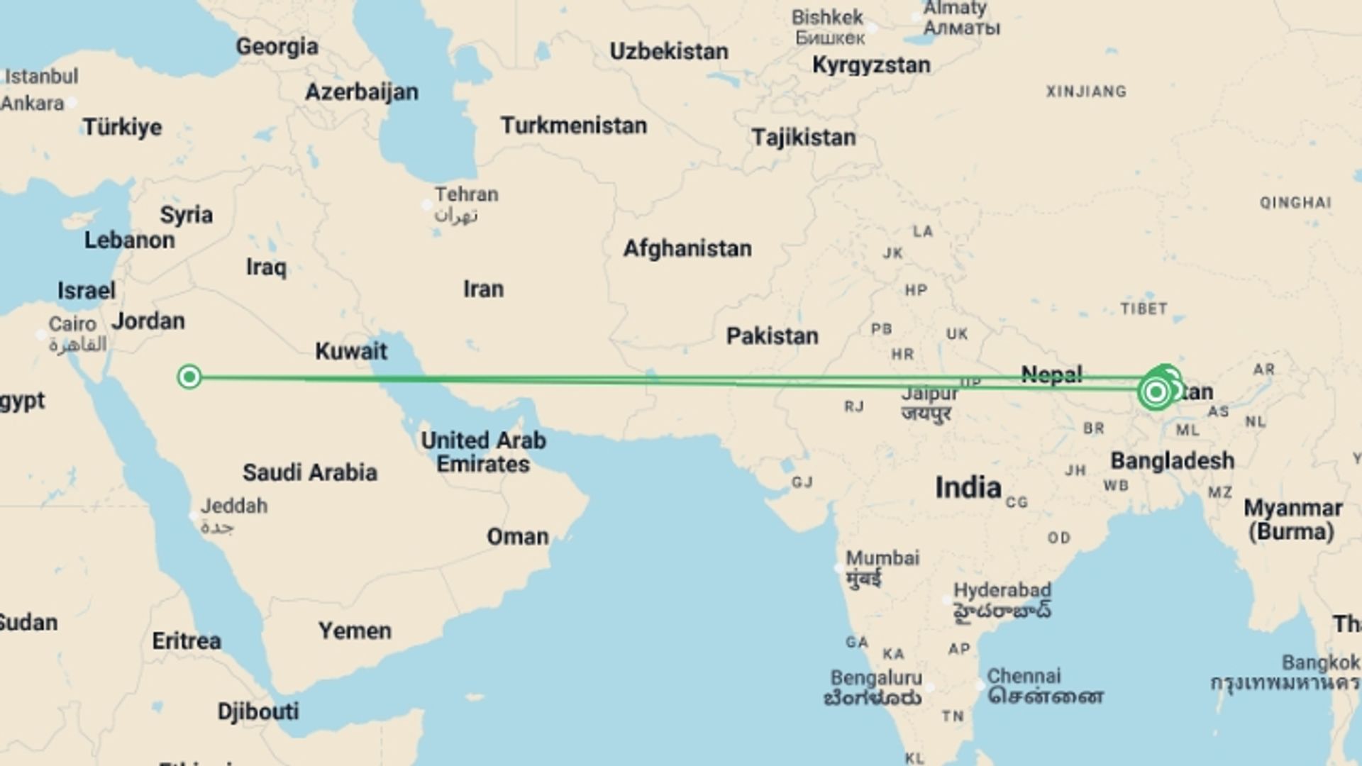 A map showing the tour itinerary for the trip: Bhutan Snowman Trek with Greg Mortimer, starting in Paro, Bhutan and ending in Paro, Bhutan going through 2 other destinations.