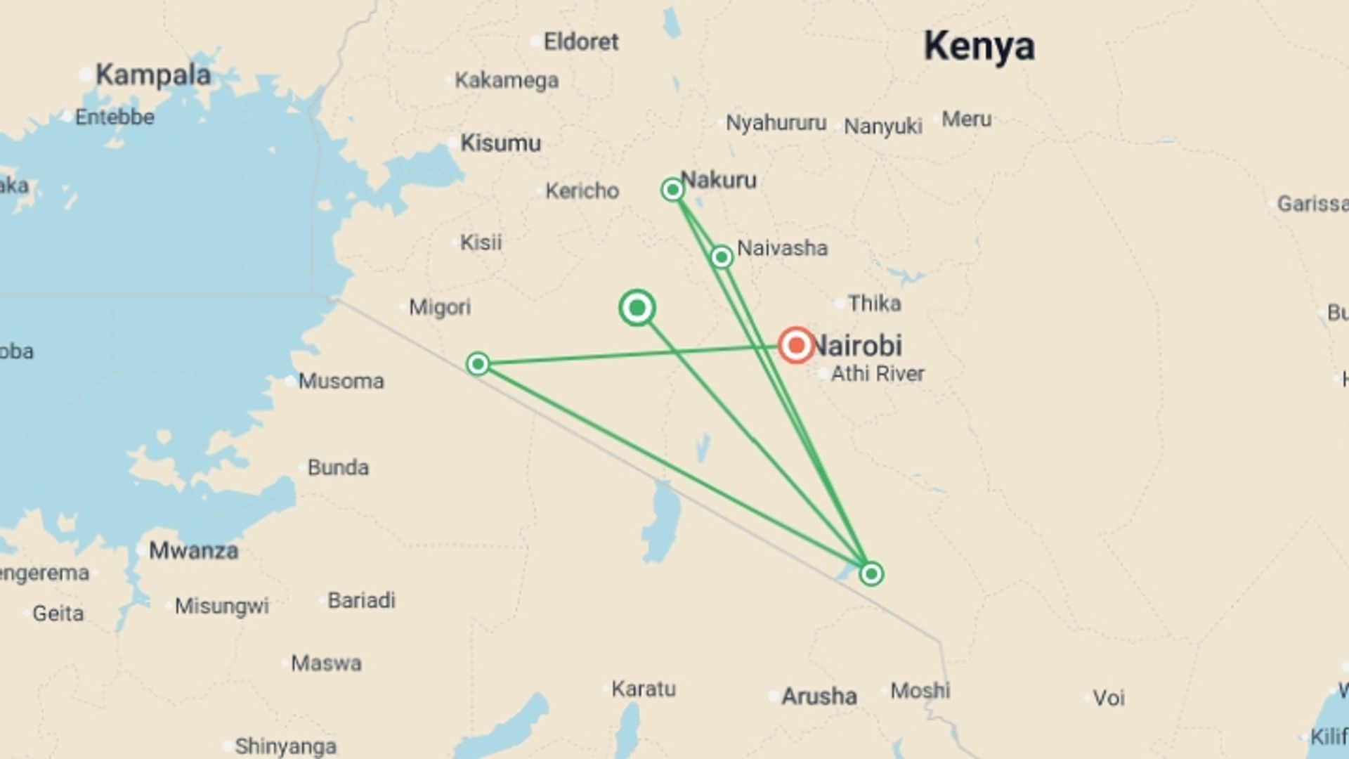 A map showing the tour itinerary for the trip: Big Game Safari 7D/6N (Masai Mara, Lake Nakuru, Lake Naivasha & Amboseli), starting in Nairobi, Kenya and ending in Nairobi, Kenya going through 5 other destinations.