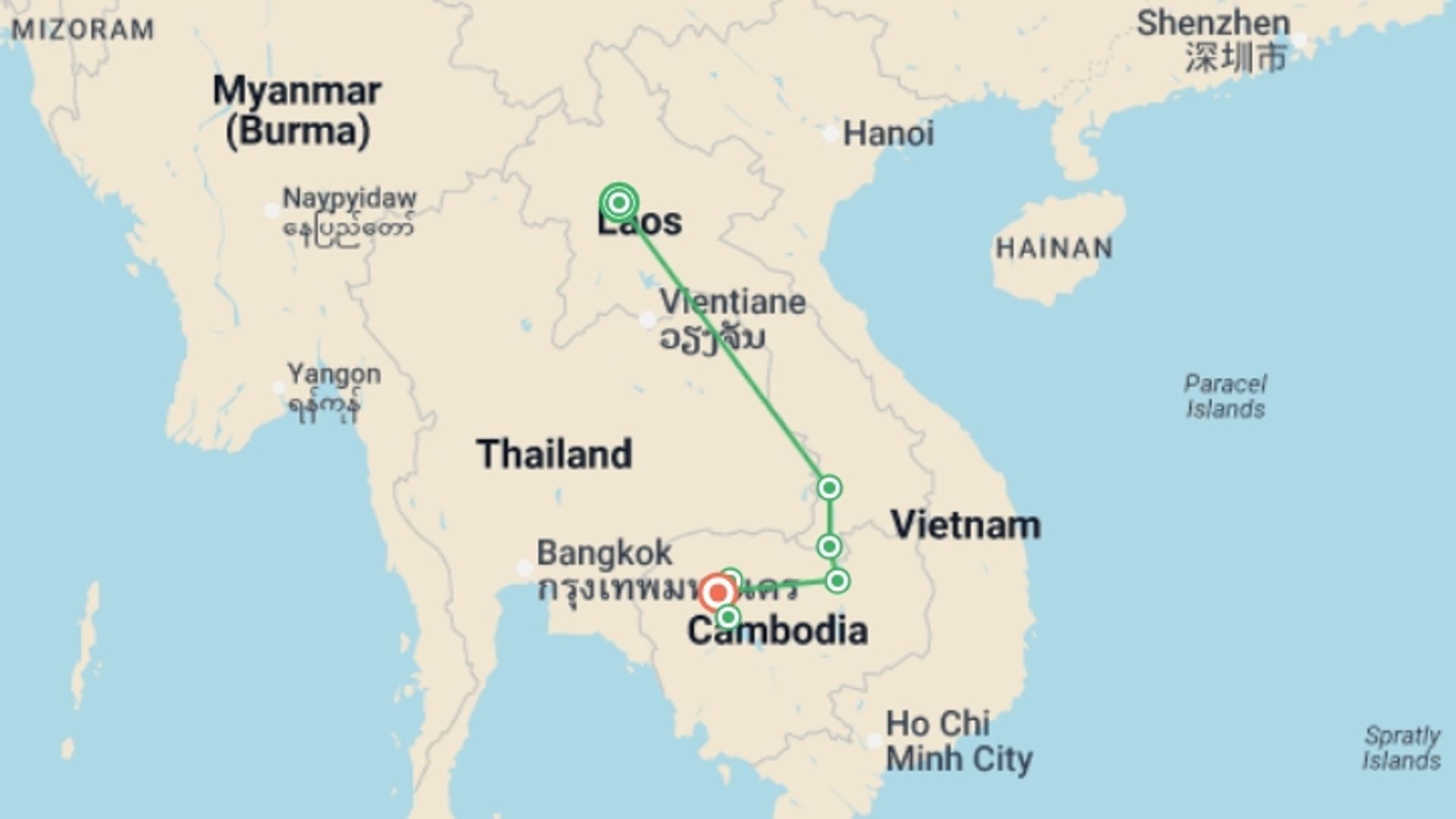 A map showing the tour itinerary for the trip: Bike, Hike & Kayak Laos and Cambodia, starting in Luang Prabang, Laos and ending in Siem Reap, Cambodia going through 4 other destinations.