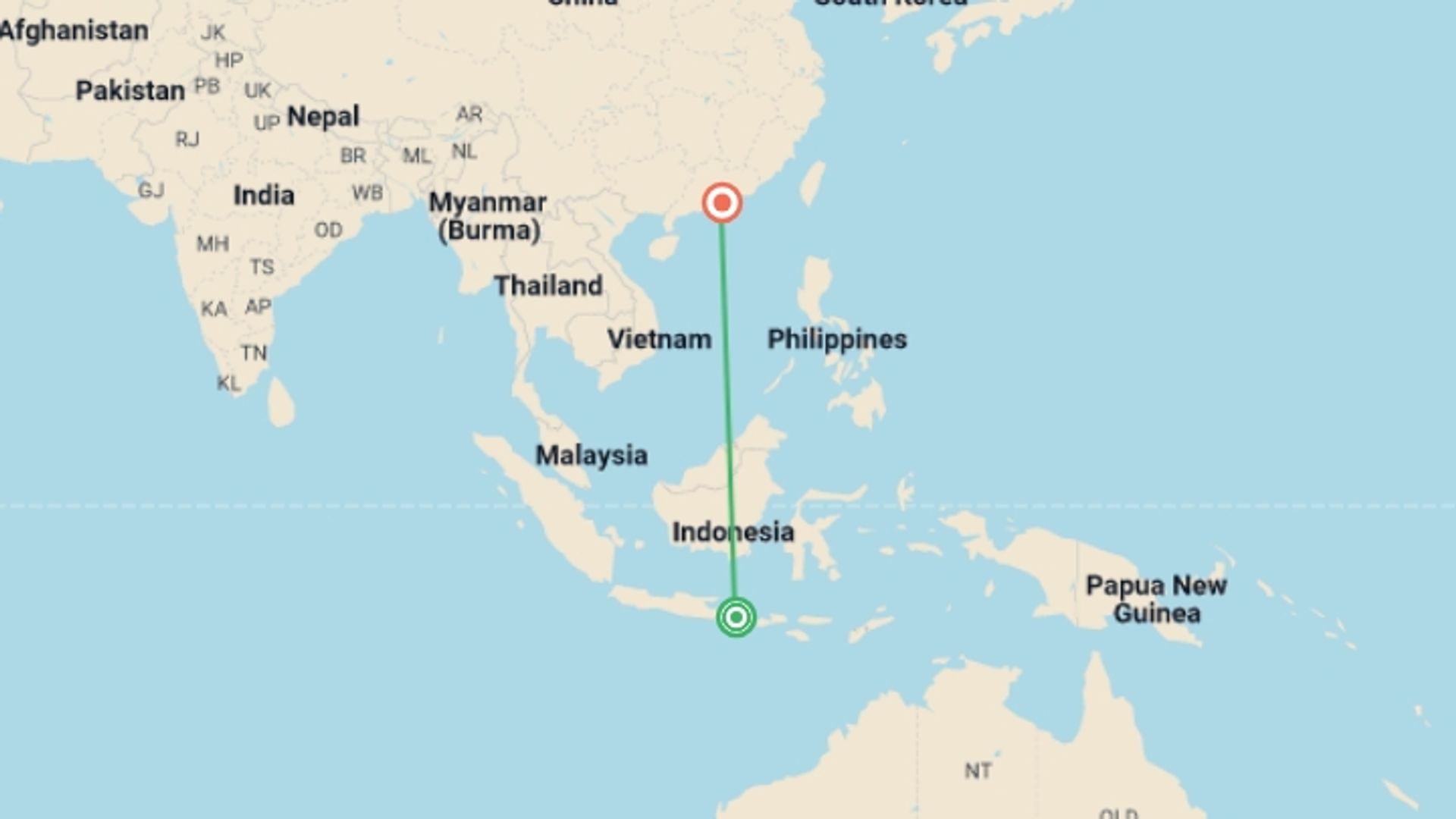 A map showing the tour itinerary for the trip: Blissful Bali And Hong Kong, starting in Bali, Indonesia and ending in Hong Kong, Hong Kong going through 2 other destinations.