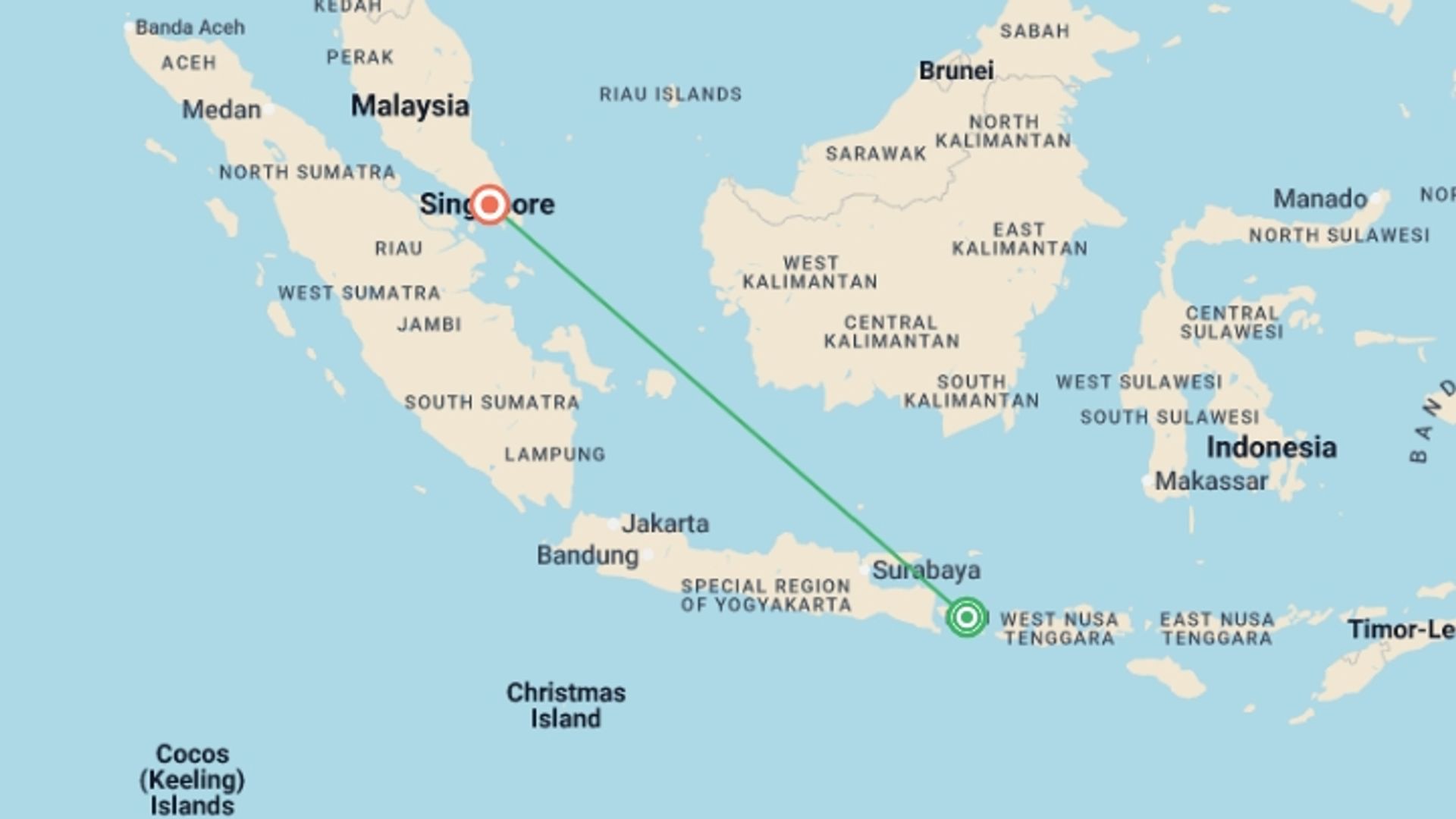 A map showing the tour itinerary for the trip: Blissful Bali And Singapore, starting in Bali, Indonesia and ending in Singapore, Singapore going through 2 other destinations.
