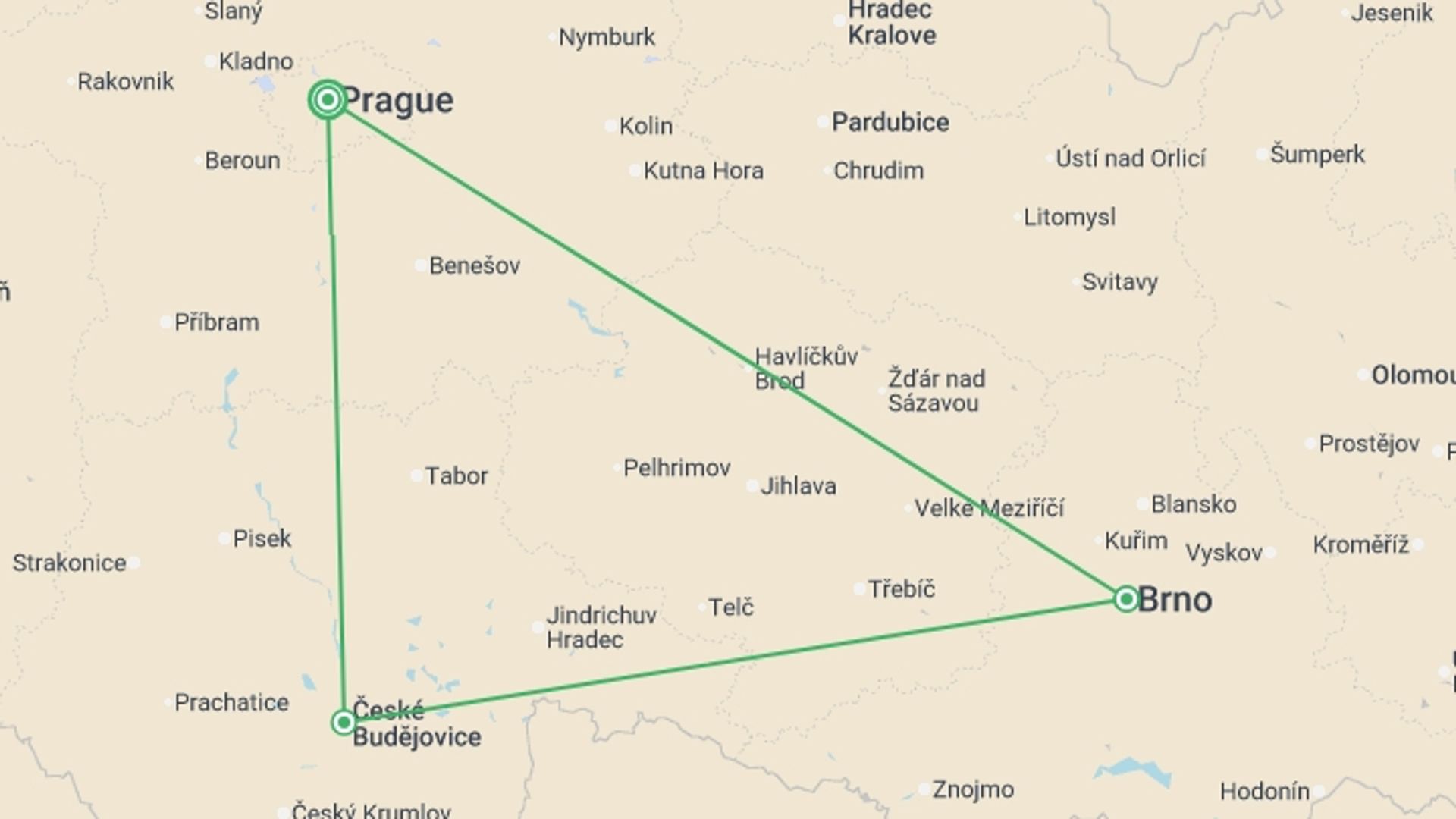 A map showing the tour itinerary for the trip: Bohemia and Moravia, starting in Prague, Czech Republic and ending in Prague, Czech Republic going through 1 other destinations.