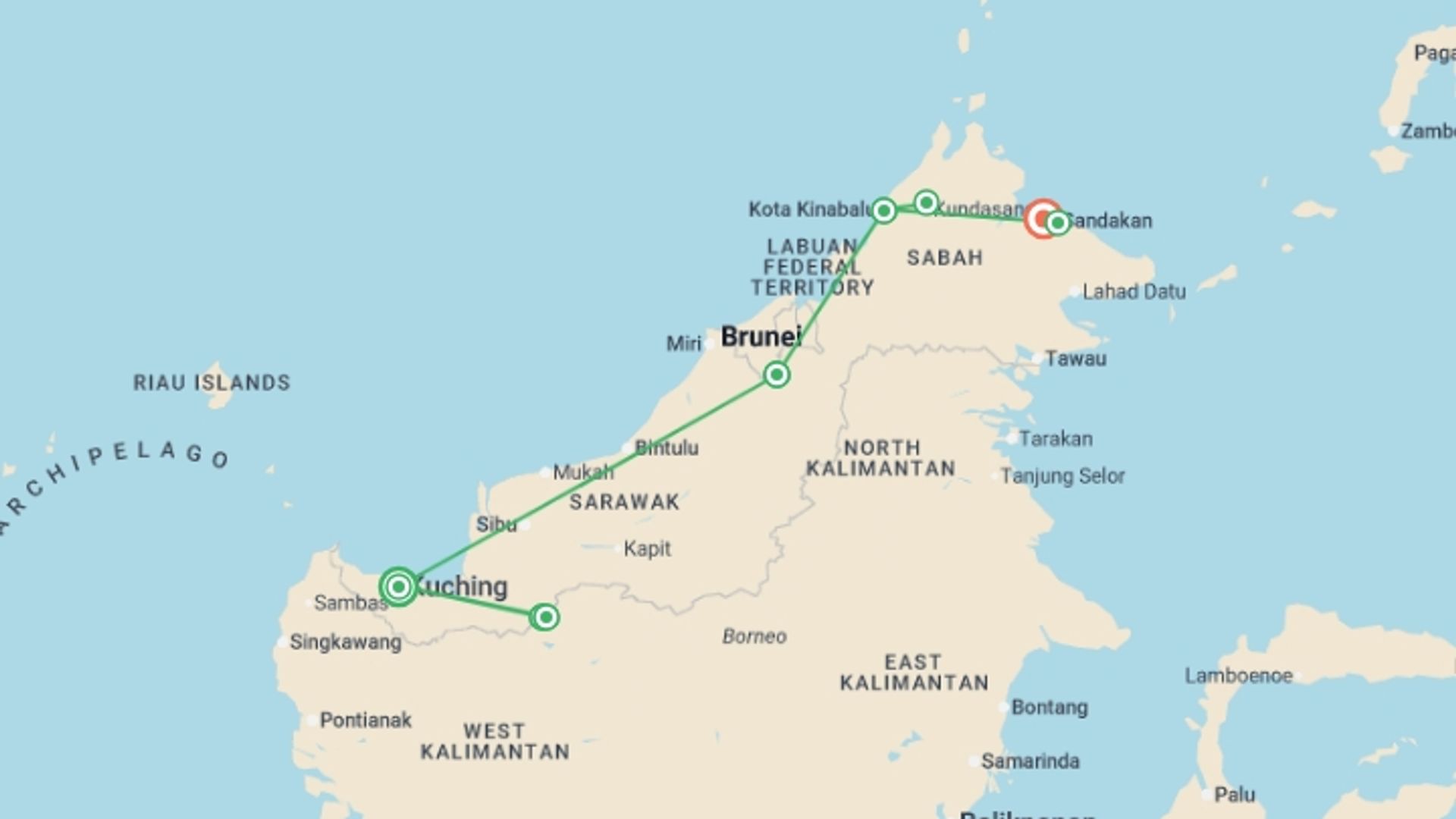 A map showing the tour itinerary for the trip: Borneo Adventure, starting in Kuching, Malaysia and ending in Sepilok, Malaysia going through 4 other destinations.