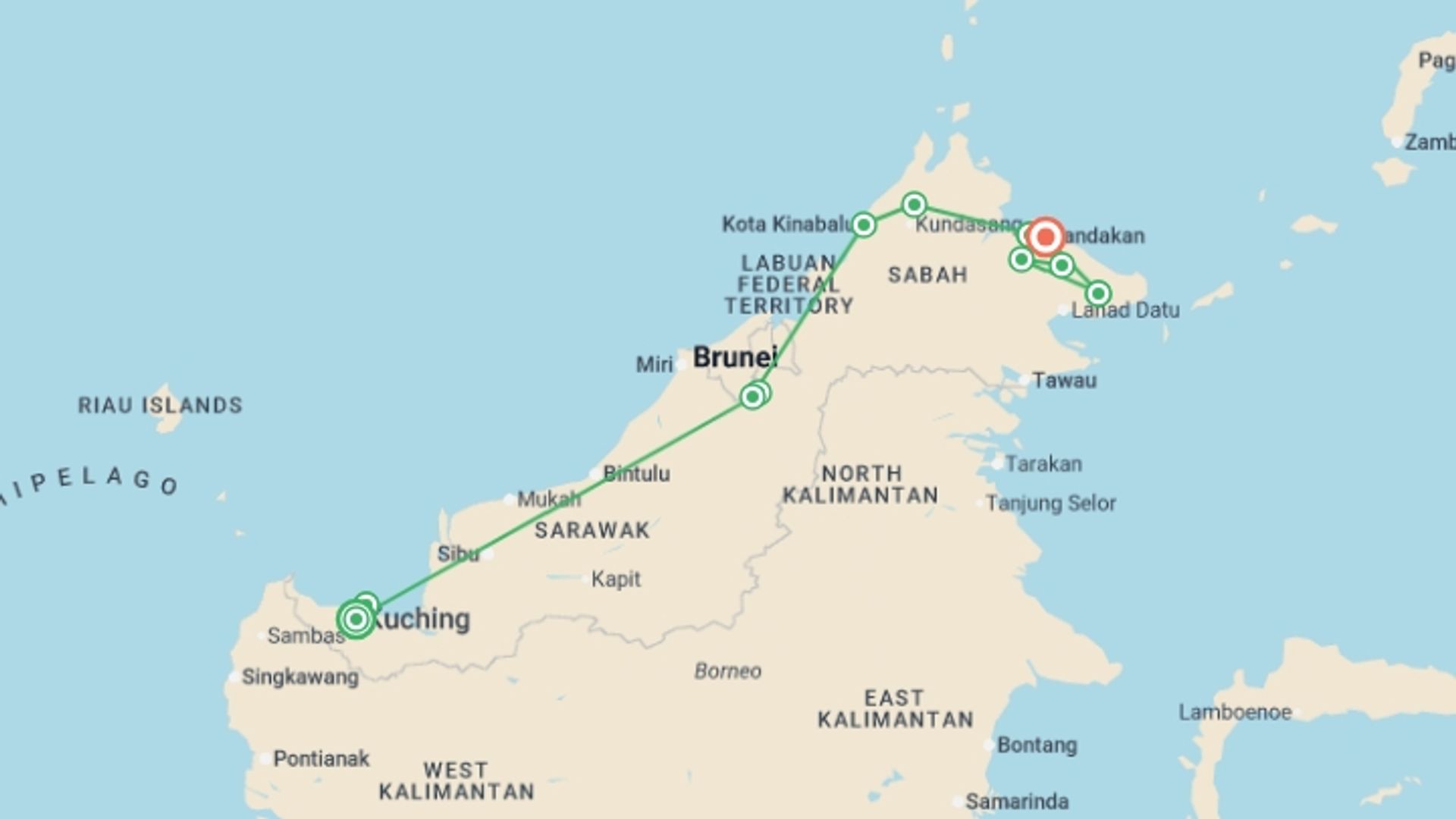 A map showing the tour itinerary for the trip: Borneo Sarawak and Sabah Discovery, starting in Kuching, Malaysia and ending in Sandakan, Malaysia going through 5 other destinations.