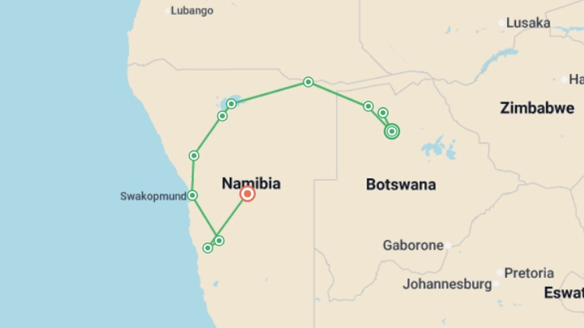A map showing the tour itinerary for the trip: Botswana & Namibia: Delta & Dunes, starting in Maun, Botswana and ending in Windhoek, Namibia going through 4 other destinations.
