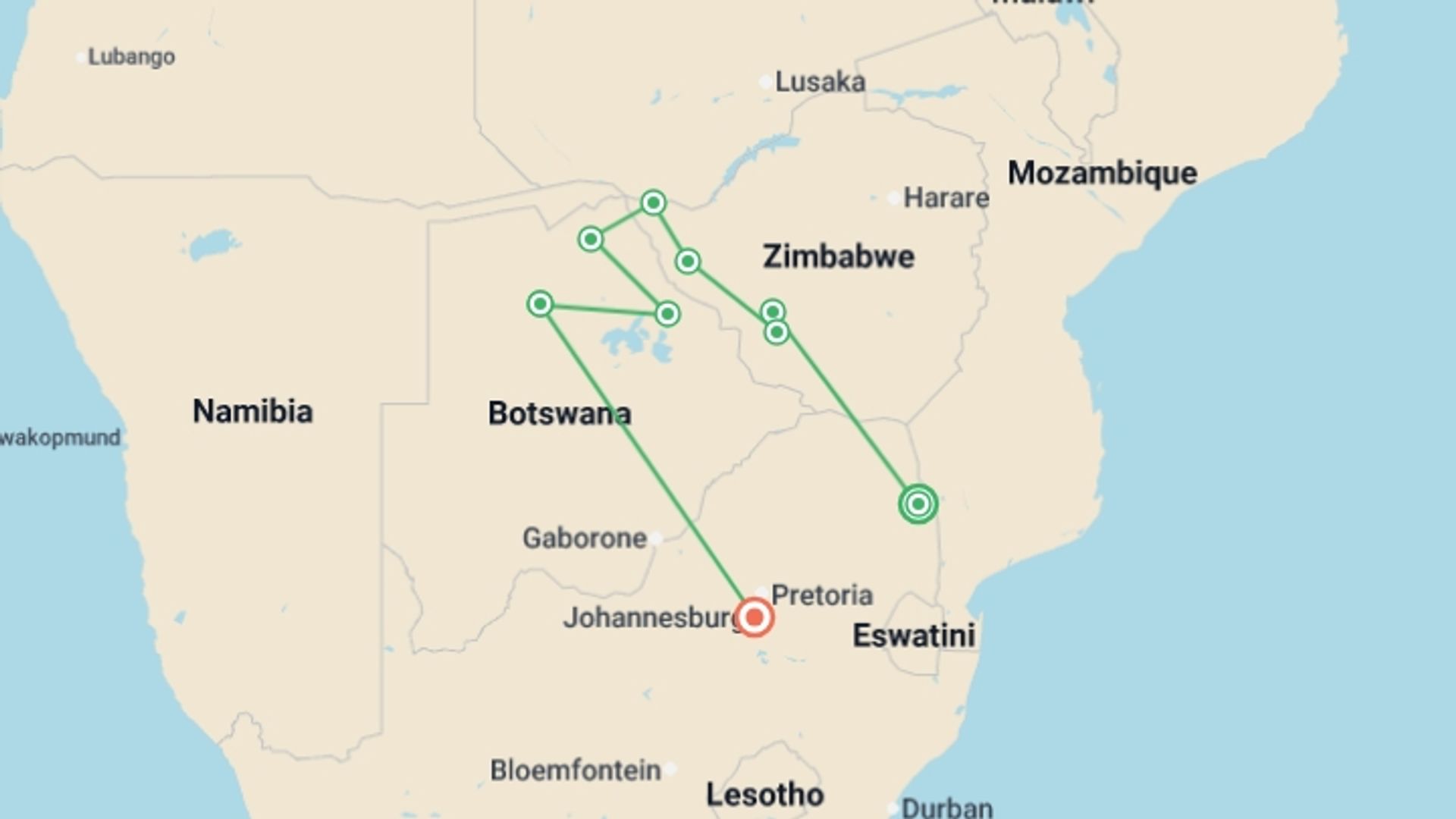 A map showing the tour itinerary for the trip: Botswana and Zimbabwe Explorer, starting in Johannesburg, South Africa and ending in Johannesburg, South Africa going through 7 other destinations.