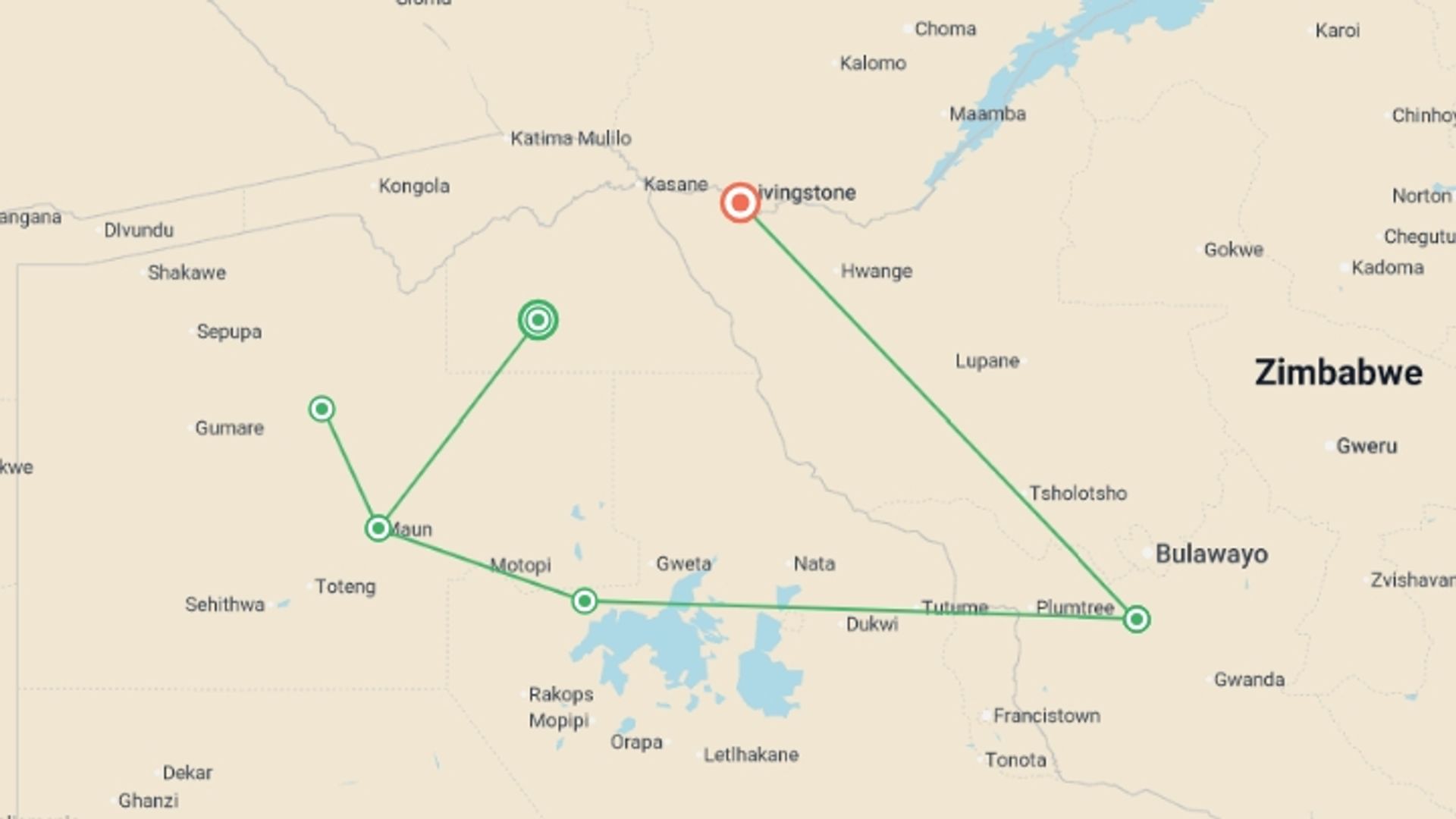A map showing the tour itinerary for the trip: Botswana & Zimbabwe Lodge Safari, starting in Victoria Falls, Zimbabwe and ending in Victoria Falls, Zimbabwe going through 3 other destinations.