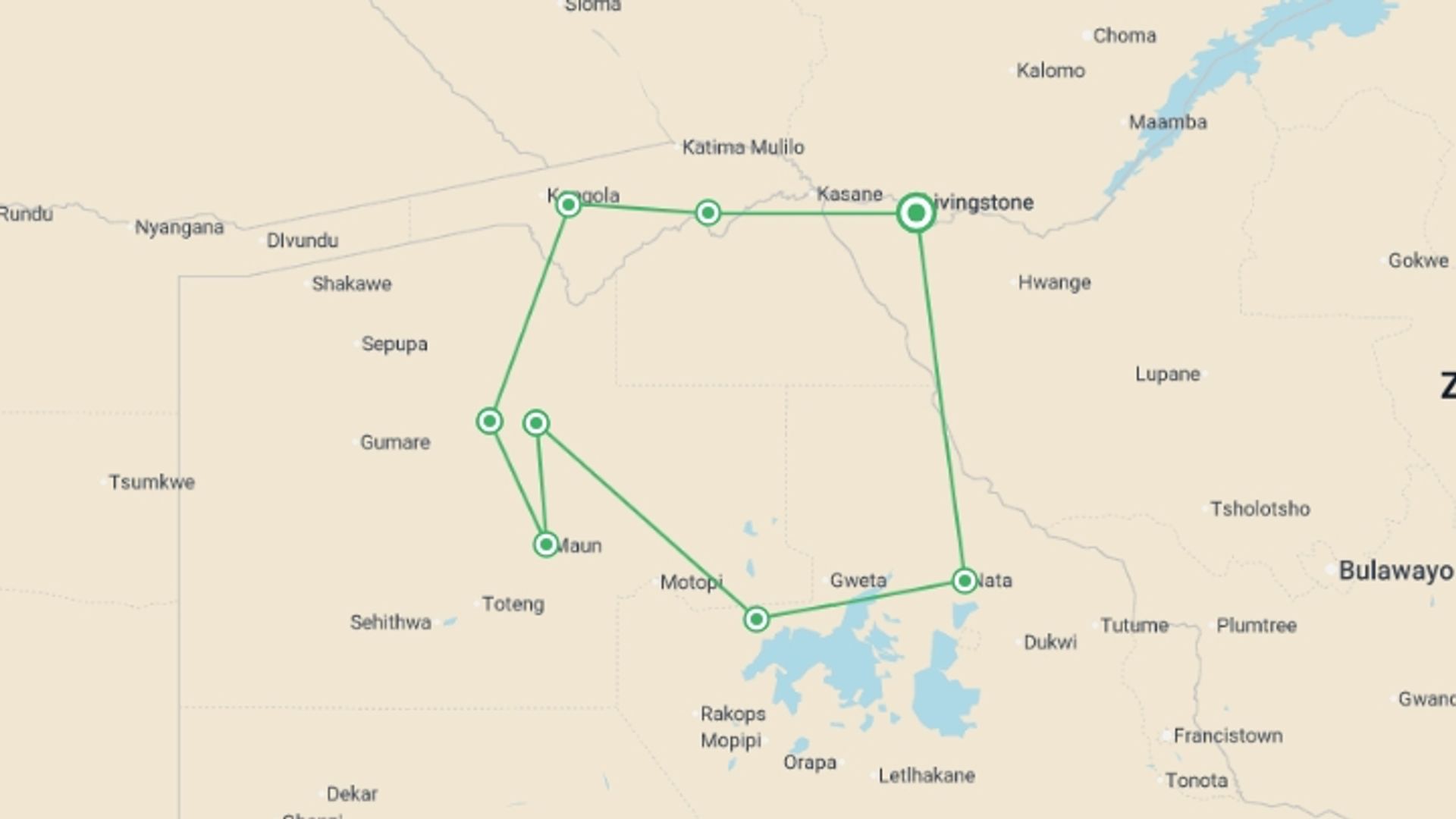 A map showing the tour itinerary for the trip: Botswana Delta and Wildlife Explorer, starting in Victoria Falls, Zimbabwe and ending in Victoria Falls, Zimbabwe going through 4 other destinations.
