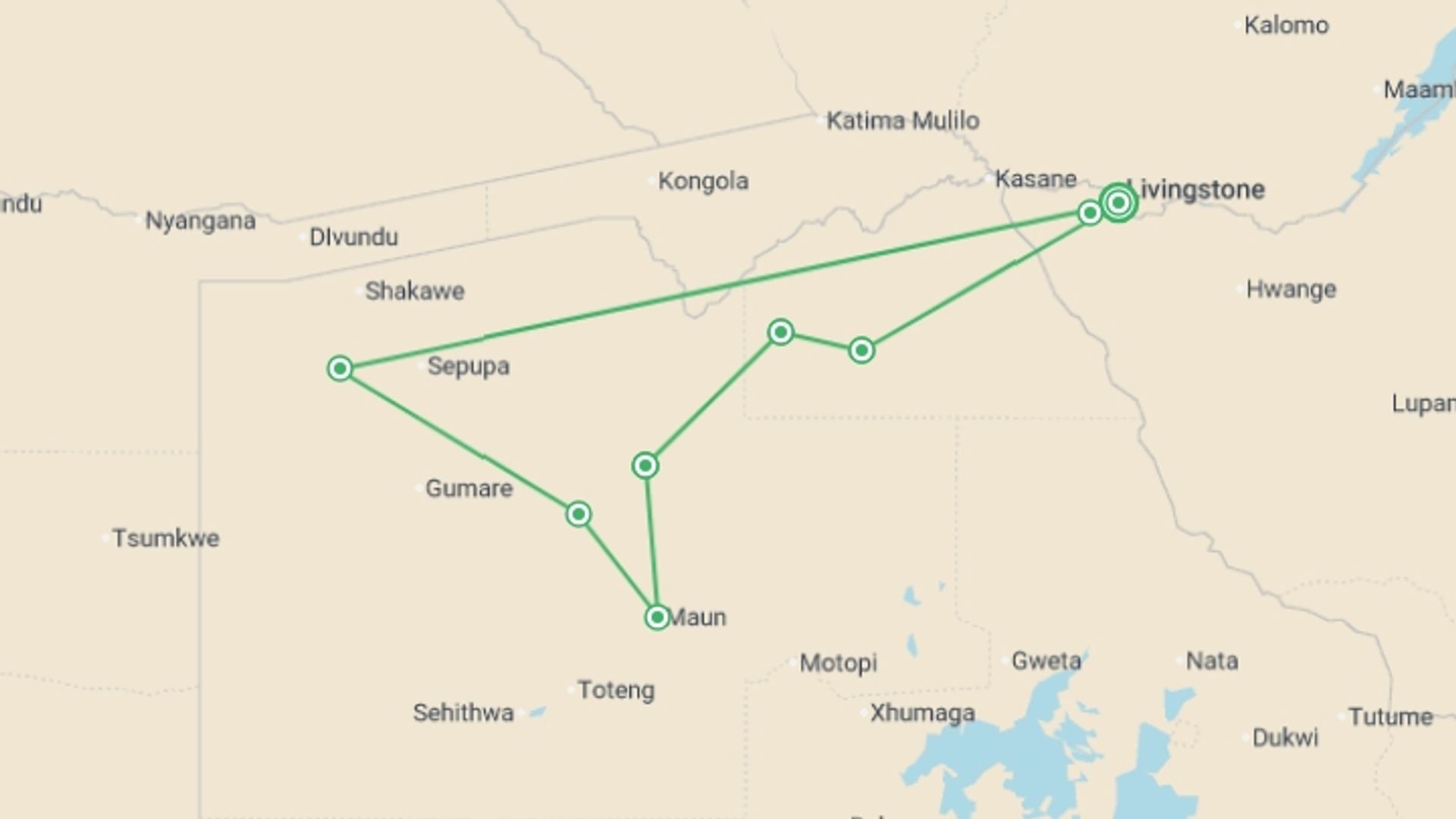 A map showing the tour itinerary for the trip: Botswana Wildlife Safari, starting in Victoria Falls, Zimbabwe and ending in Victoria Falls, Zimbabwe going through 3 other destinations.