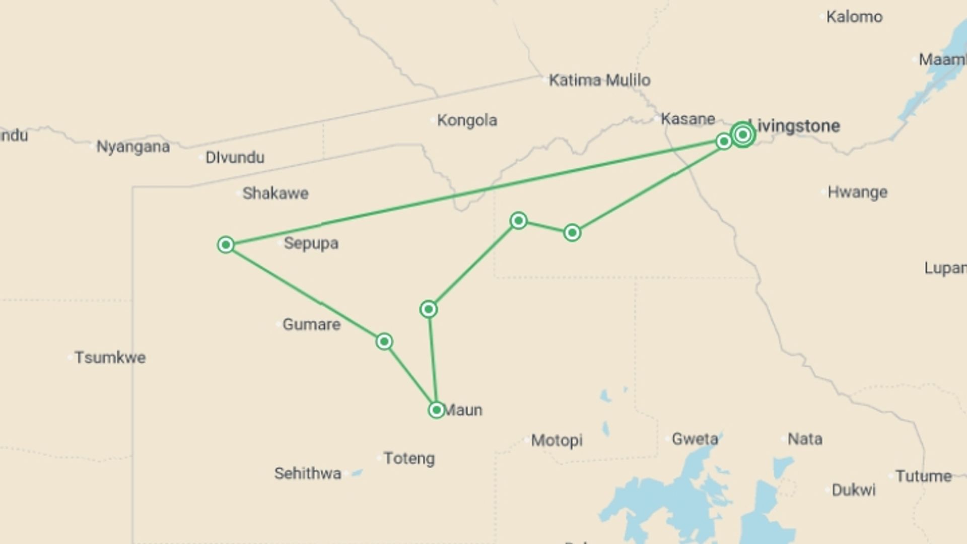 A map showing the tour itinerary for the trip: Botswana Wildlife Safari, starting in Victoria Falls, Zimbabwe and ending in Victoria Falls, Zimbabwe going through 3 other destinations.