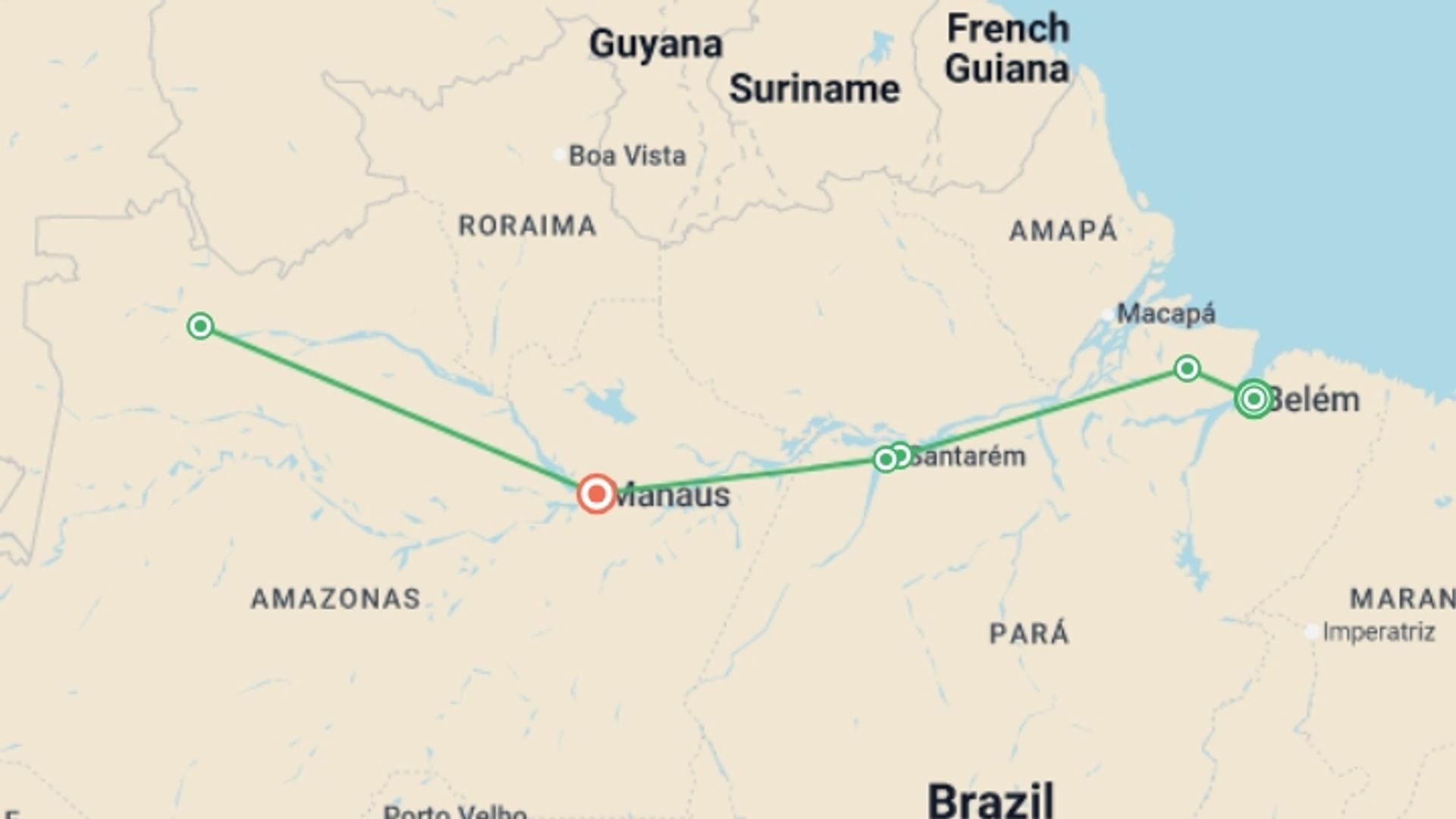 A map showing the tour itinerary for the trip: Brazilian Amazon by Boat -, starting in Belém, Brazil and ending in Manaus, Brazil going through 3 other destinations.