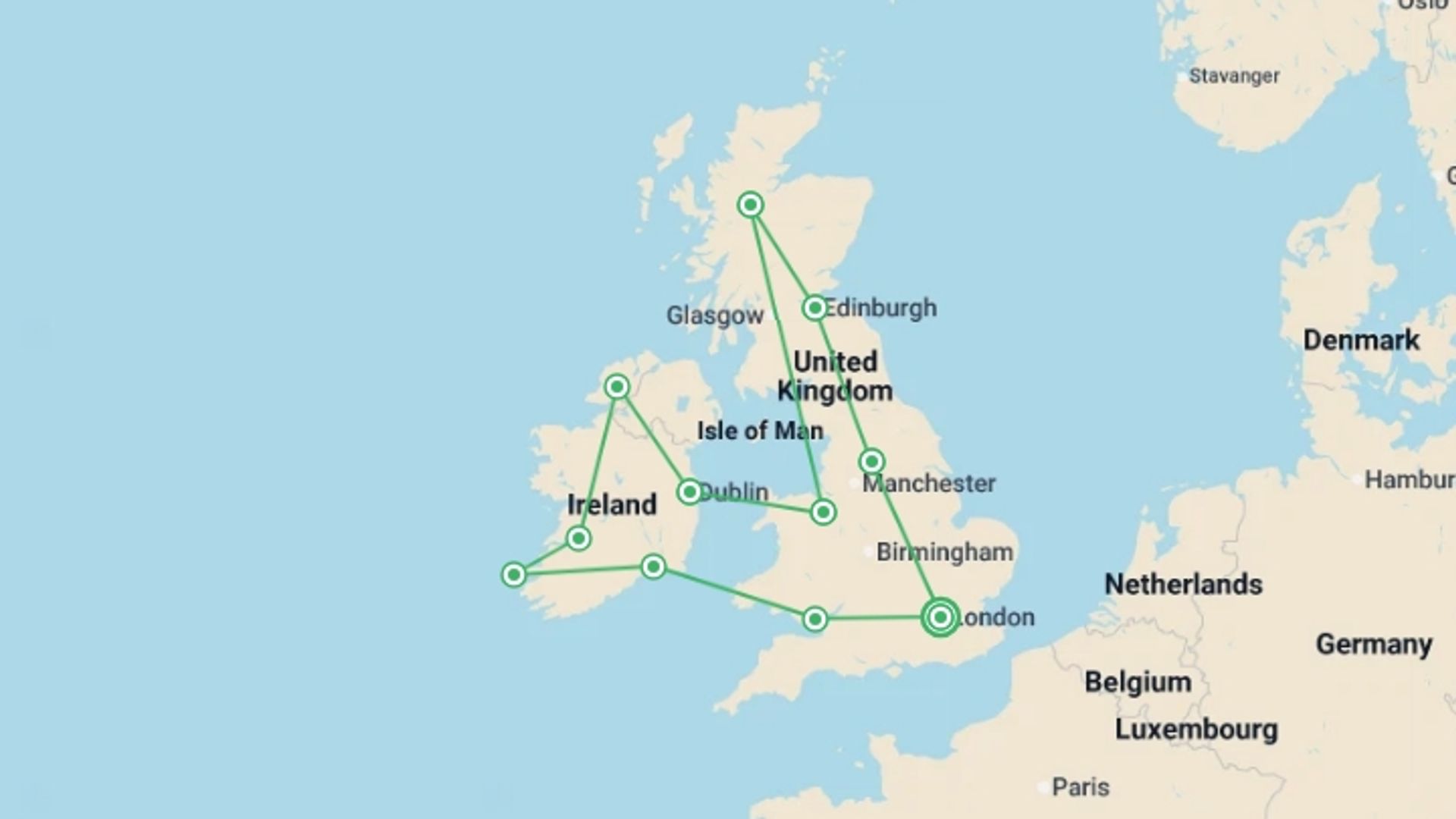A map showing the tour itinerary for the trip: Britain and Ireland Explorer, starting in London, England and ending in London, England going through 5 other destinations.