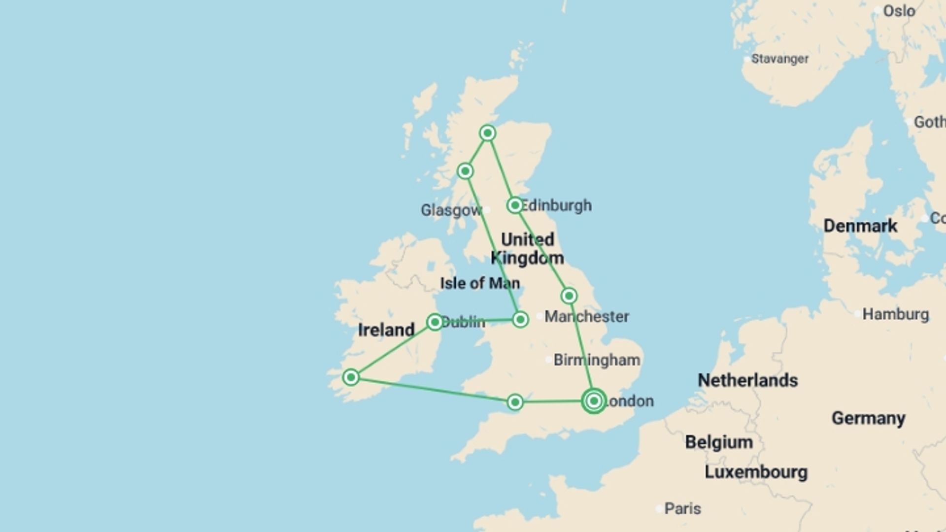 A map showing the tour itinerary for the trip: Britain & Ireland Explorer, starting in London, England and ending in London, England going through 8 other destinations.