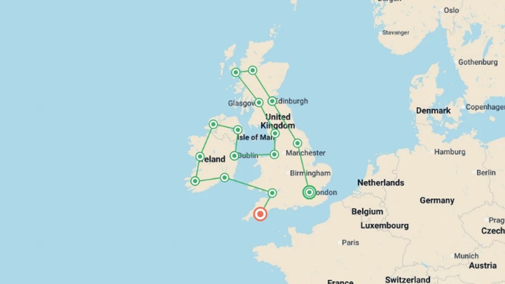 A map showing the tour itinerary for the trip: Britain and Ireland Grandeur, starting in London, England and ending in London, England going through 10 other destinations.