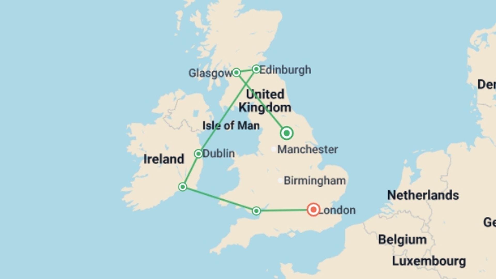 A map showing the tour itinerary for the trip: Britain and Ireland Highlights, starting in London, England and ending in London, England going through 4 other destinations.