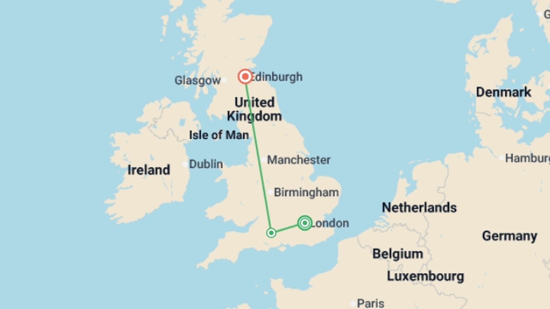A map showing the tour itinerary for the trip: British Icons: London to Edinburgh by Train, starting in London, England and ending in London, England going through 3 other destinations.