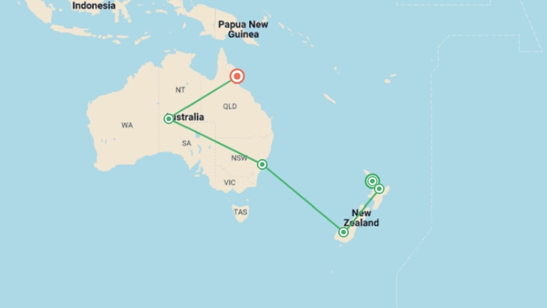 A map showing the tour itinerary for the trip: Bucket List New Zealand and Australia, starting in Auckland, New Zealand and ending in Cairns, Australia going through 4 other destinations.