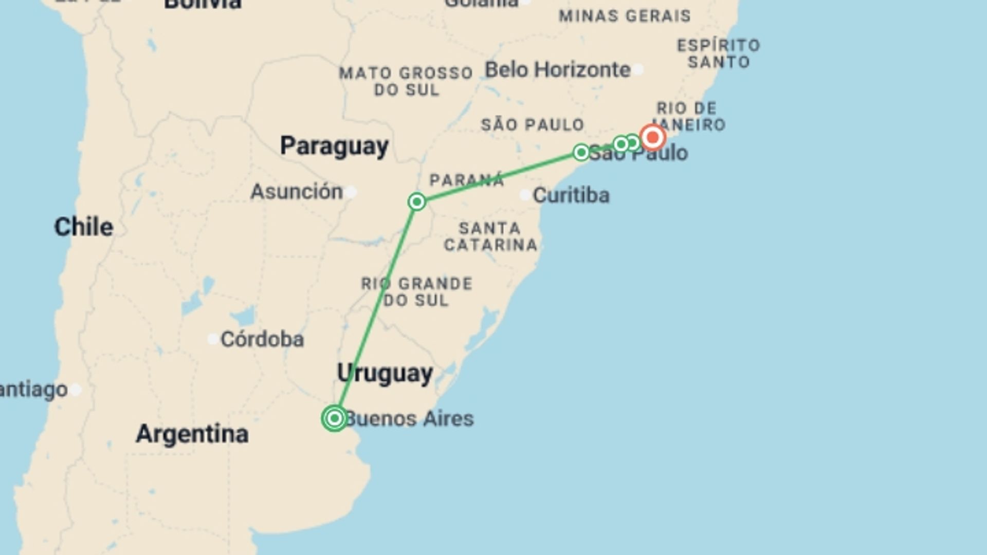 A map showing the tour itinerary for the trip: Buenos Aires to Rio, starting in Buenos Aires, Argentina and ending in Rio de Janeiro, Brazil going through 6 other destinations.