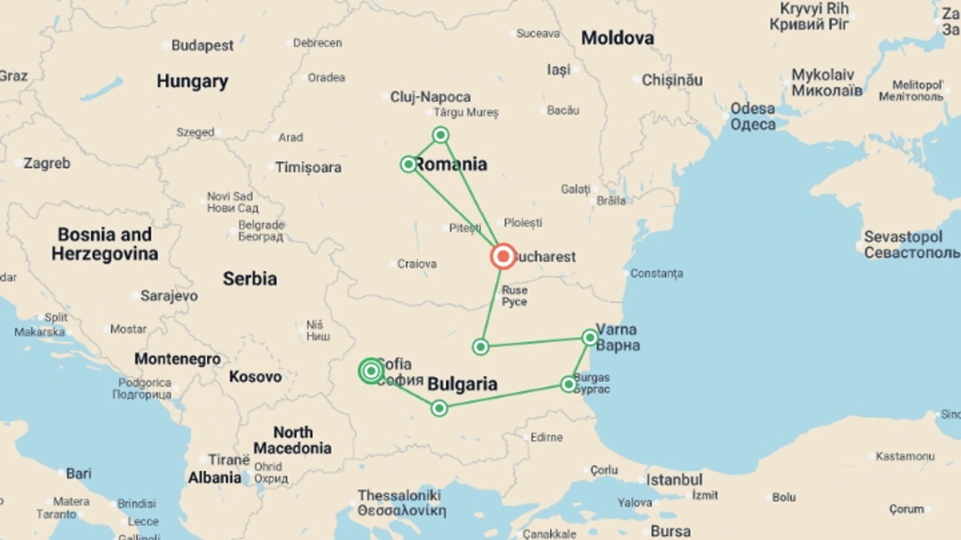 A map showing the tour itinerary for the trip: Bulgaria and Romania: Legendary Monasteries and Castles, starting in Sofia, Bulgaria and ending in Bucharest, Romania going through 6 other destinations.