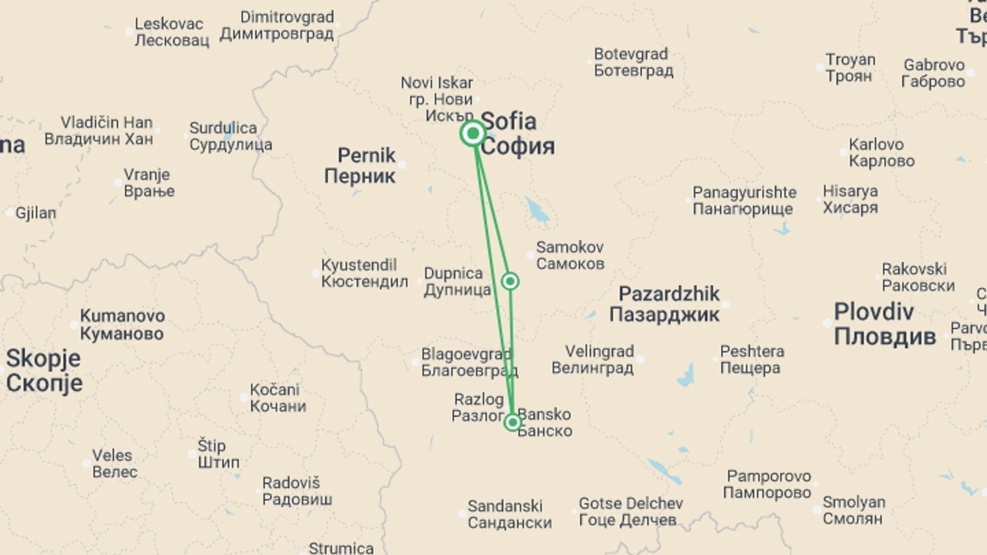 A map showing the tour itinerary for the trip: Bulgaria Mountains and Monasteries Guided Hike, starting in Sofia, Bulgaria and ending in Sofia, Bulgaria going through 2 other destinations.