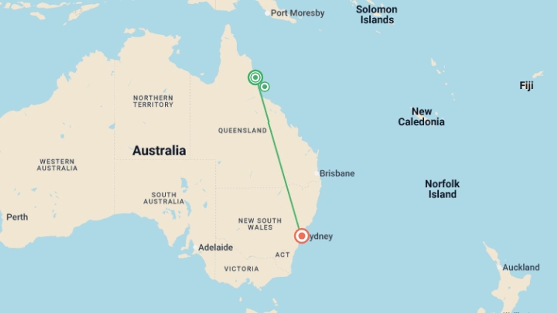 A map showing the tour itinerary for the trip: Cairns to Sydney Highlights, starting in Cairns, Australia and ending in Sydney and NSW, Australia going through 3 other destinations.