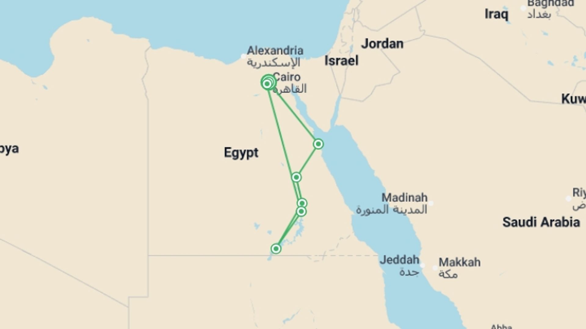 A map showing the tour itinerary for the trip: Cairo, Cruise, Red Sea & Solar Eclipse 2027 - 13 days, starting in Cairo, Egypt and ending in Cairo, Egypt going through 5 other destinations.