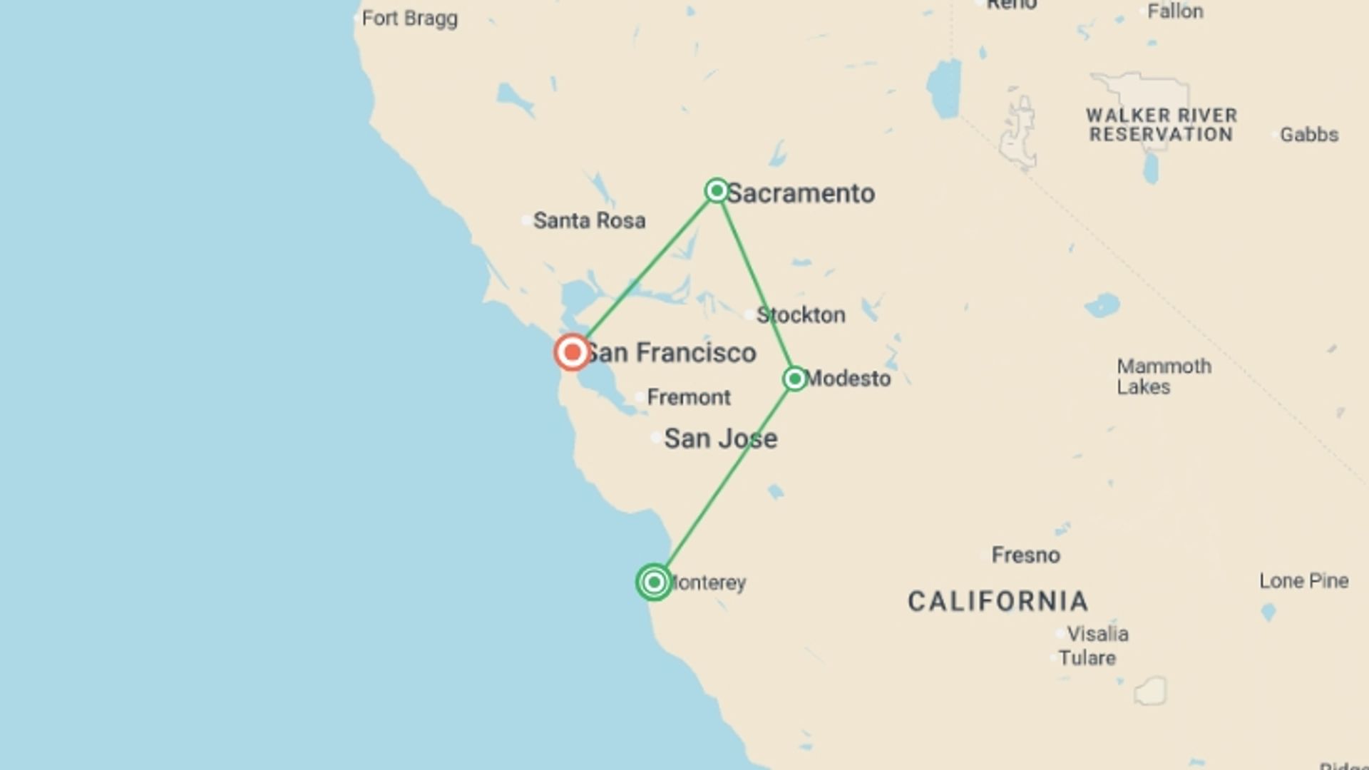 A map showing the tour itinerary for the trip: California Dreamin': Monterey, Yosemite & Napa , starting in USA and ending in San Francisco, USA going through 1 other destinations.
