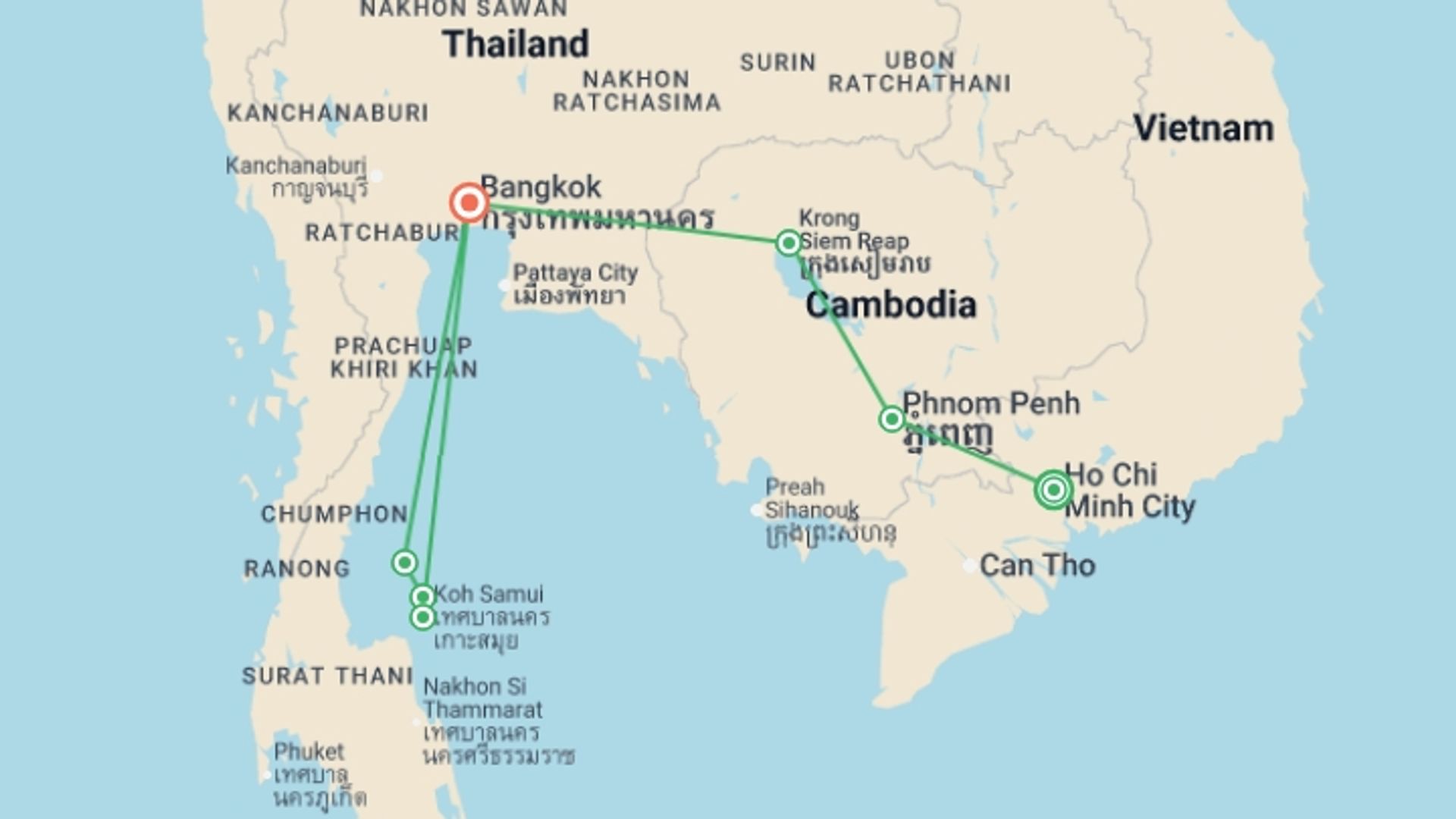A map showing the tour itinerary for the trip: Cambodia & The Thai Islands – East Coast, starting in Ho Chi Minh City, Vietnam and ending in Bangkok, Thailand going through 6 other destinations.