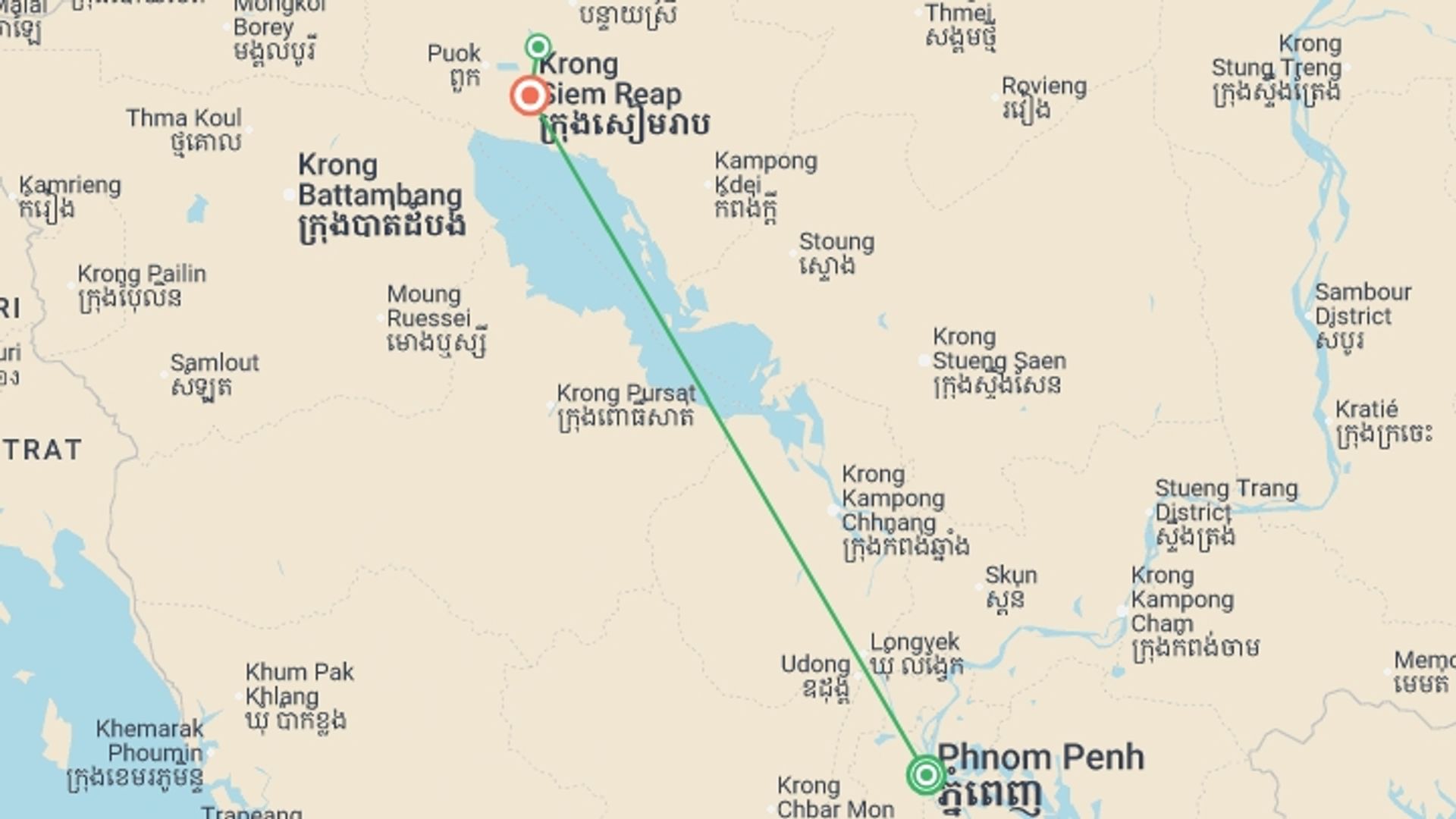A map showing the tour itinerary for the trip: Cambodia Highlights, starting in Phnom Penh, Cambodia and ending in Siem Reap, Cambodia going through 2 other destinations.