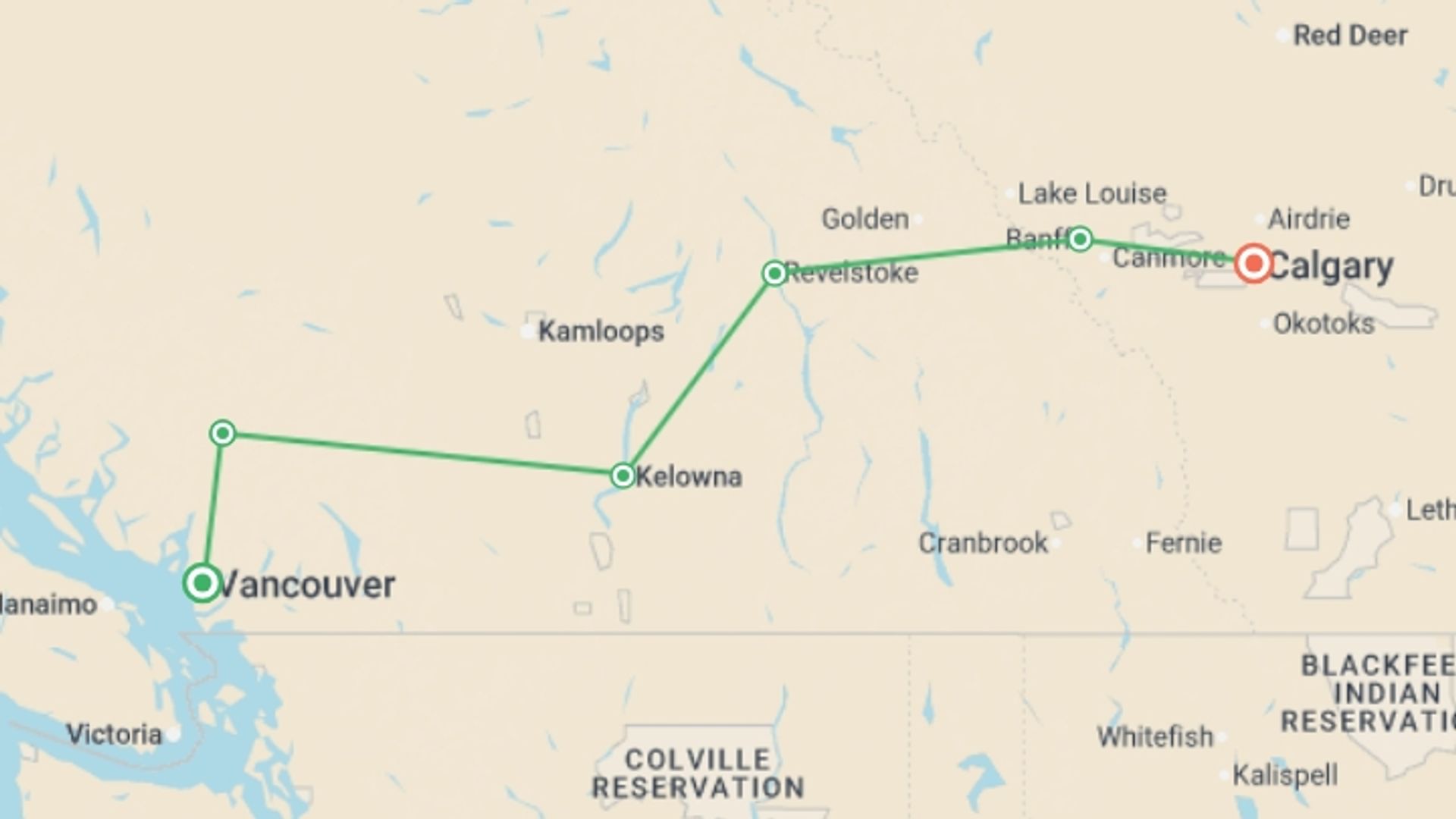 A map showing the tour itinerary for the trip: Canadian Rockies Eastbound Express, starting in Vancouver, Canada and ending in Calgary, Canada going through 3 other destinations.