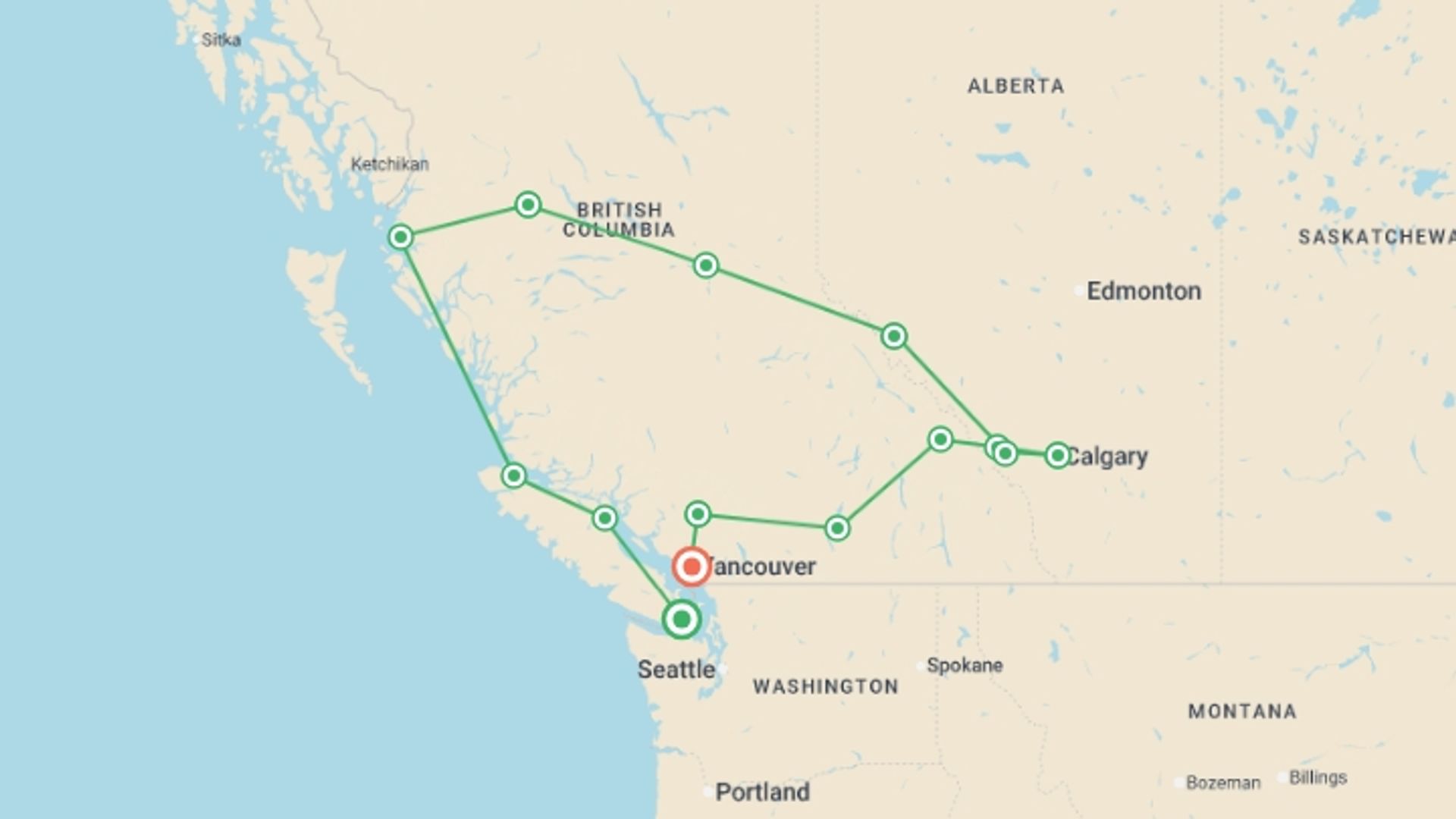 A map showing the tour itinerary for the trip: Canadian Rockies Encompassed, starting in Vancouver, Canada and ending in Vancouver, Canada going through 7 other destinations.