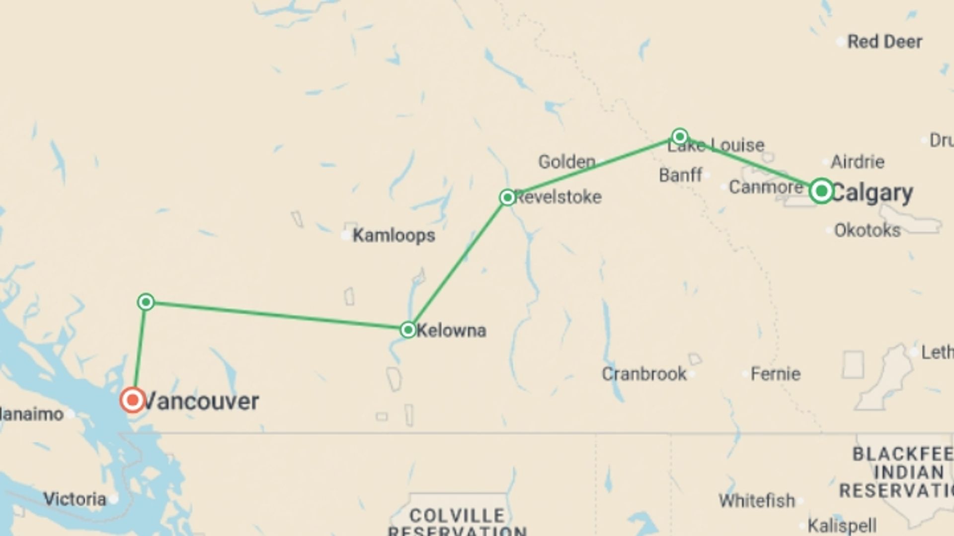 A map showing the tour itinerary for the trip: Canadian Rockies Express, starting in Calgary, Canada and ending in Vancouver, Canada going through 4 other destinations.