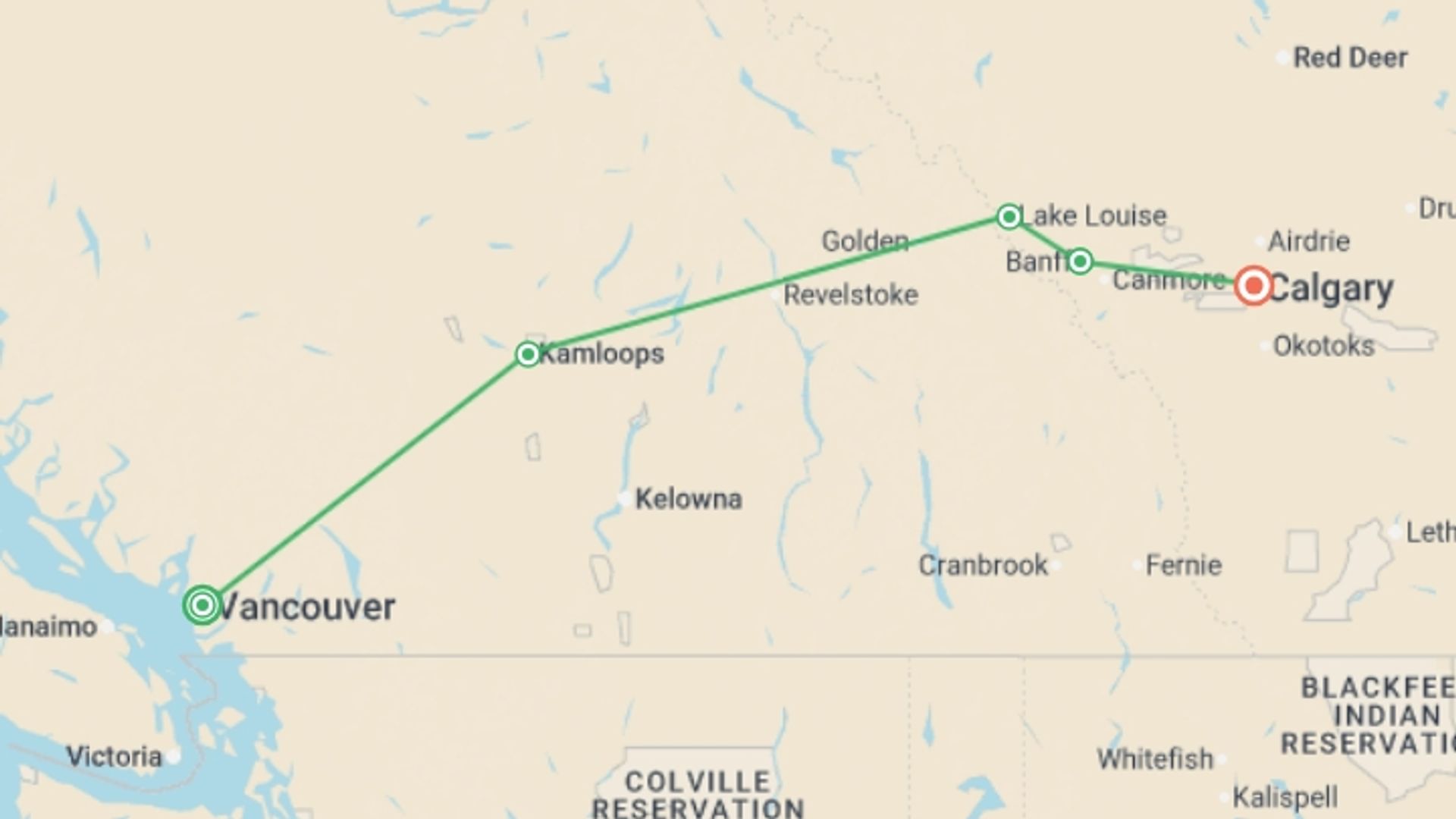 A map showing the tour itinerary for the trip: Canadian Rockies featuring Rocky Mountaineer Eastbound, starting in Calgary, Canada and ending in Vancouver, Canada going through 2 other destinations.