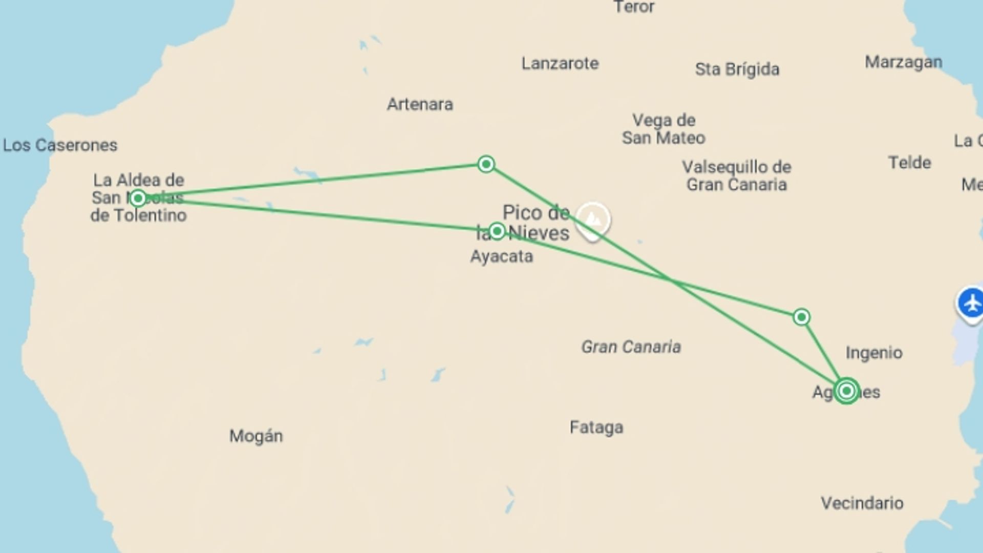 A map showing the tour itinerary for the trip: Canary Islands Walking - Gran Canaria, starting in Gran Canaria, Spain and ending in Spain going through 2 other destinations.
