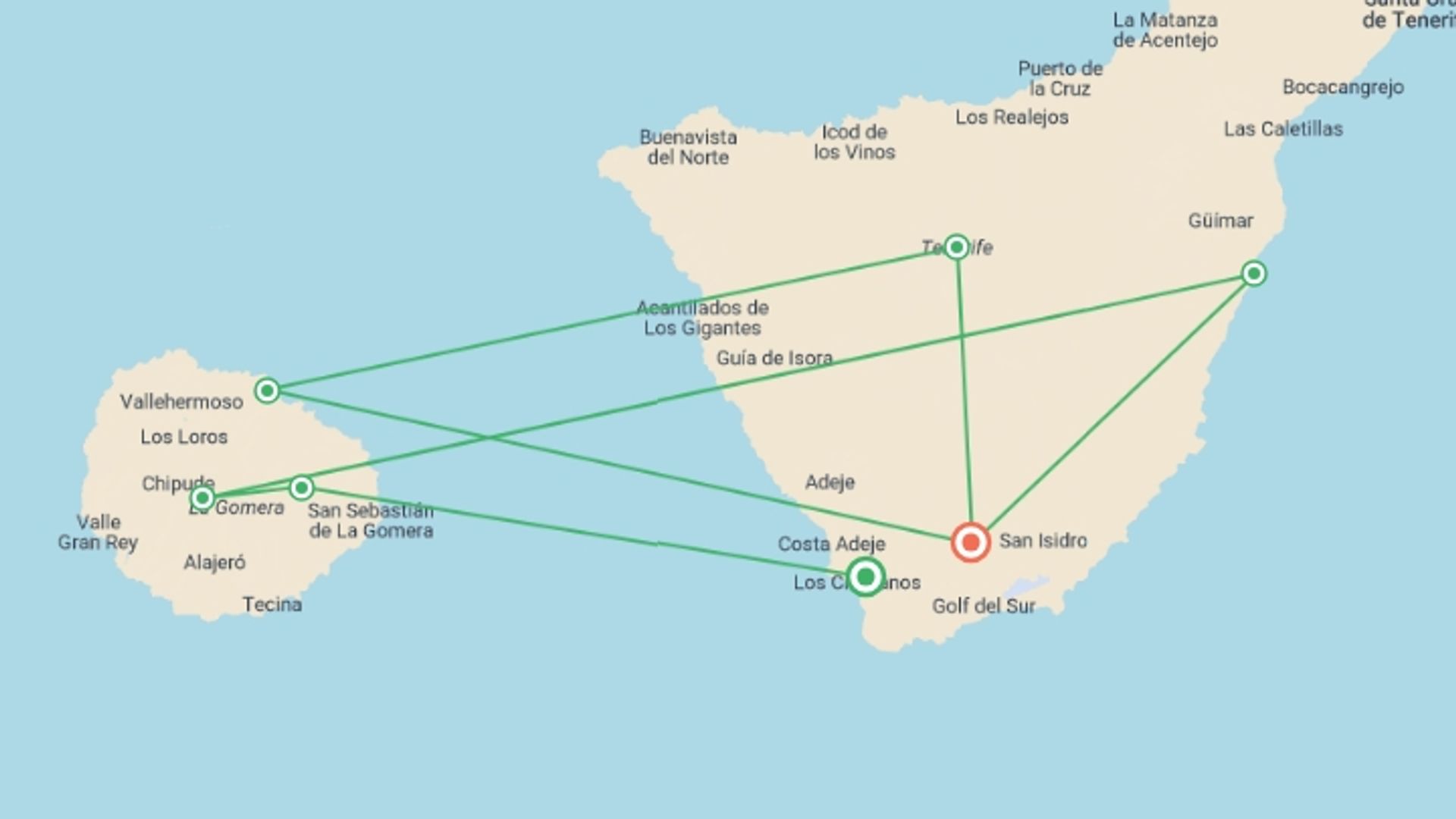 A map showing the tour itinerary for the trip: Canary Islands Walking - La Gomera and Tenerife, starting in Los Cristianos , Tenerife, Spain and ending in Tenerife, Spain going through 3 other destinations.