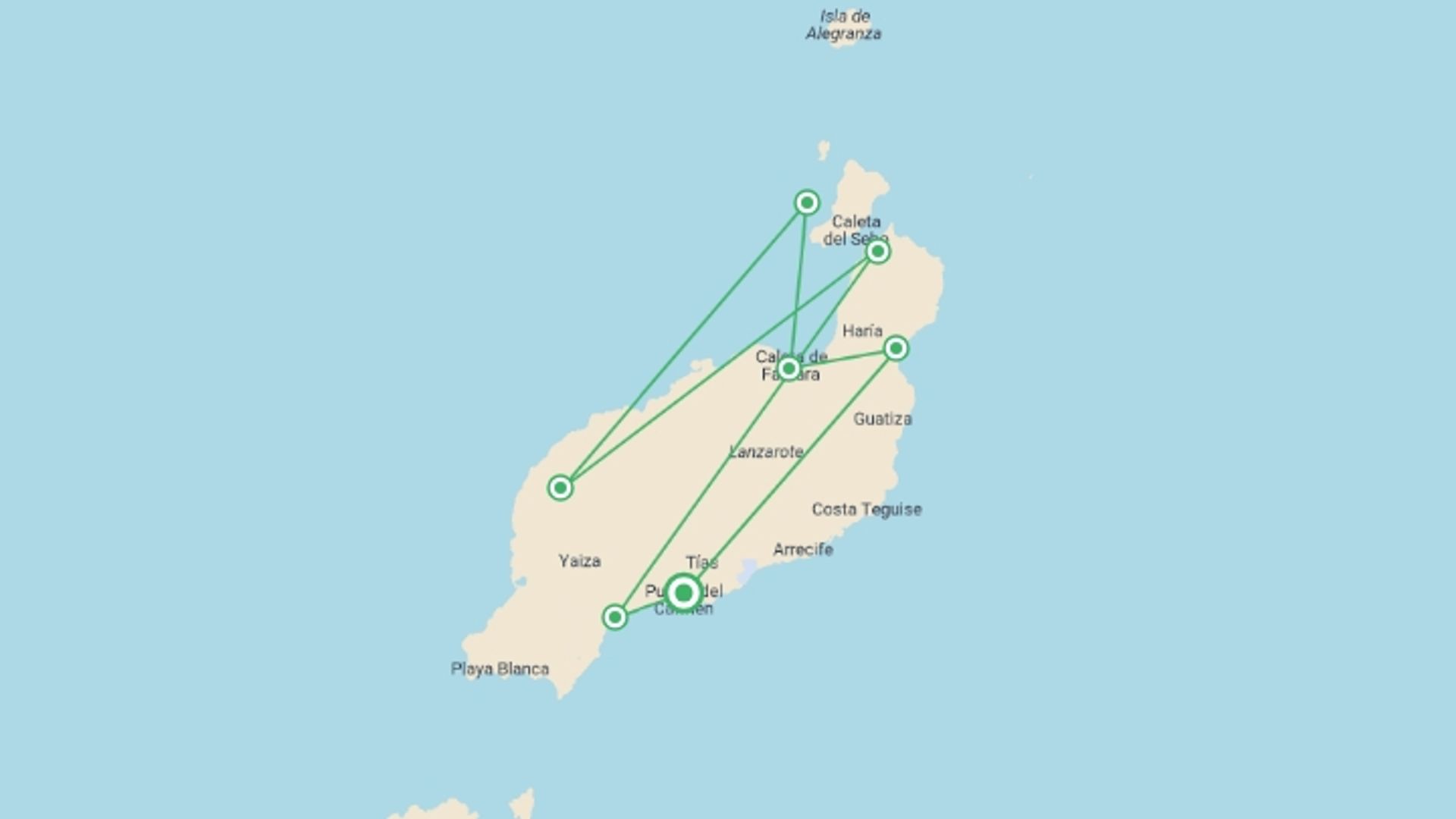 A map showing the tour itinerary for the trip: Canary Islands Walking - Lanzarote, starting in Spain and ending in Spain going through 1 other destinations.