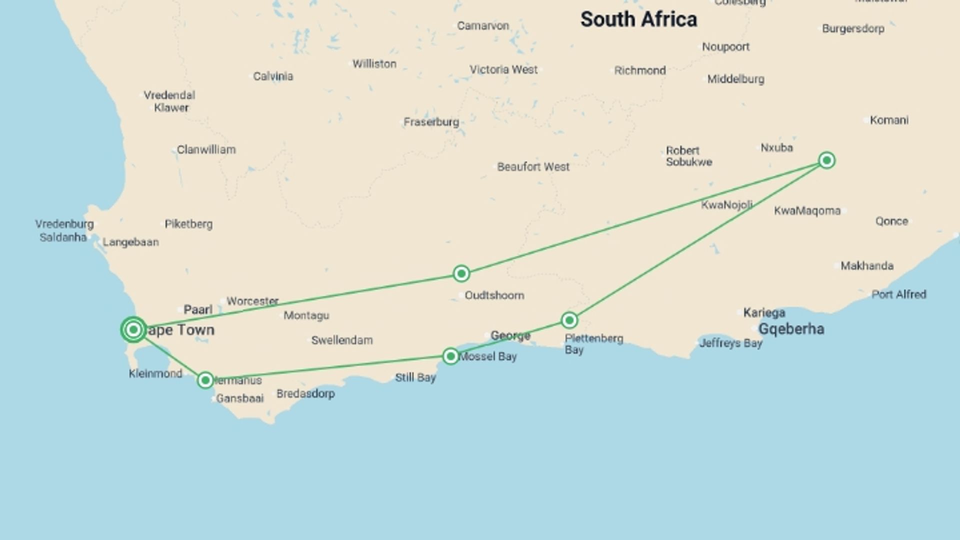A map showing the tour itinerary for the trip: Cape Town & the Garden Route, starting in Cape Town, South Africa and ending in Cape Town, South Africa going through 4 other destinations.